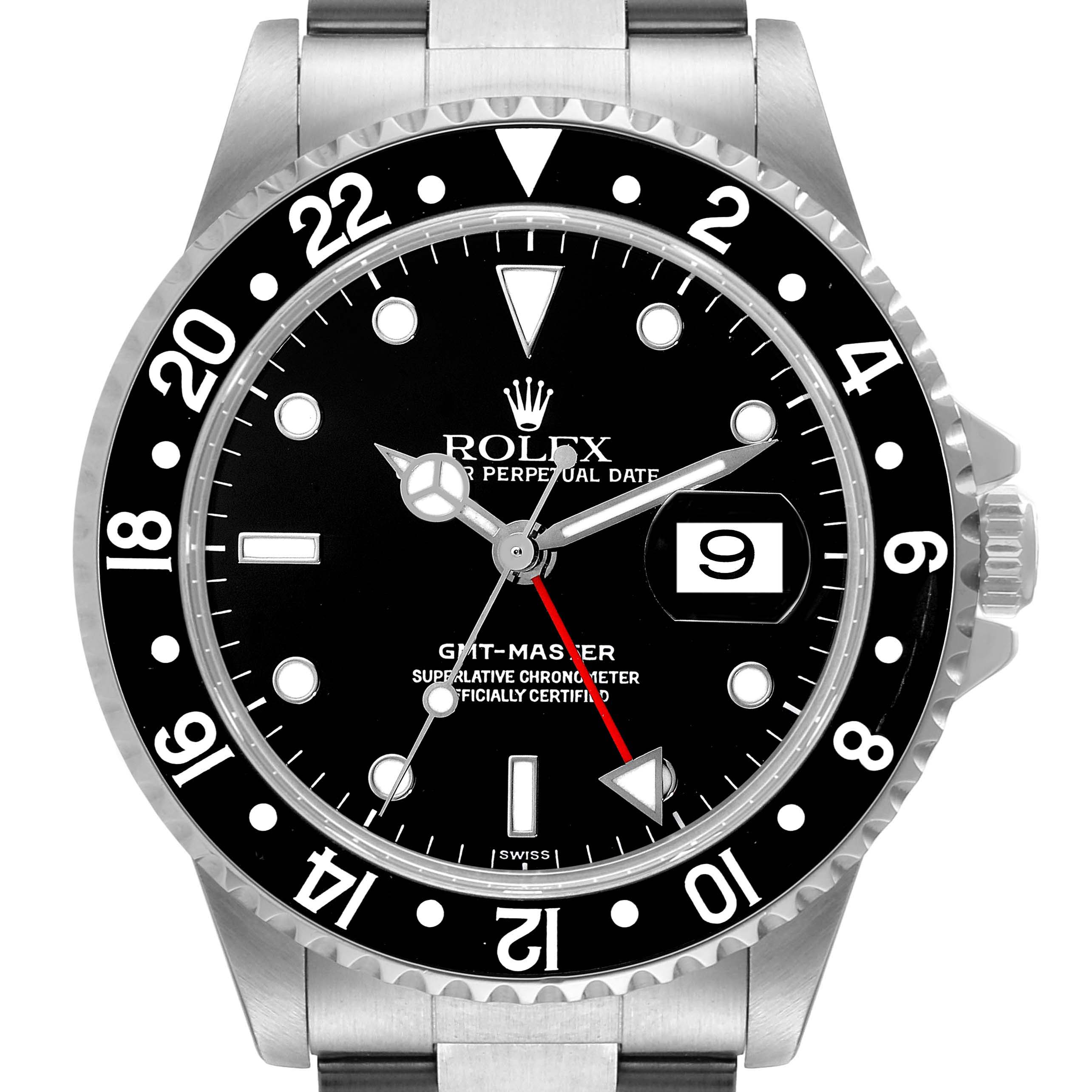 The image shows the Rolex GMT-Master 16700 Men's Stainless Steel Black Dial 16700 Men's Stainless Steel Black Dial watch face directly from the front, highlighting the bezel, dial, and date window.