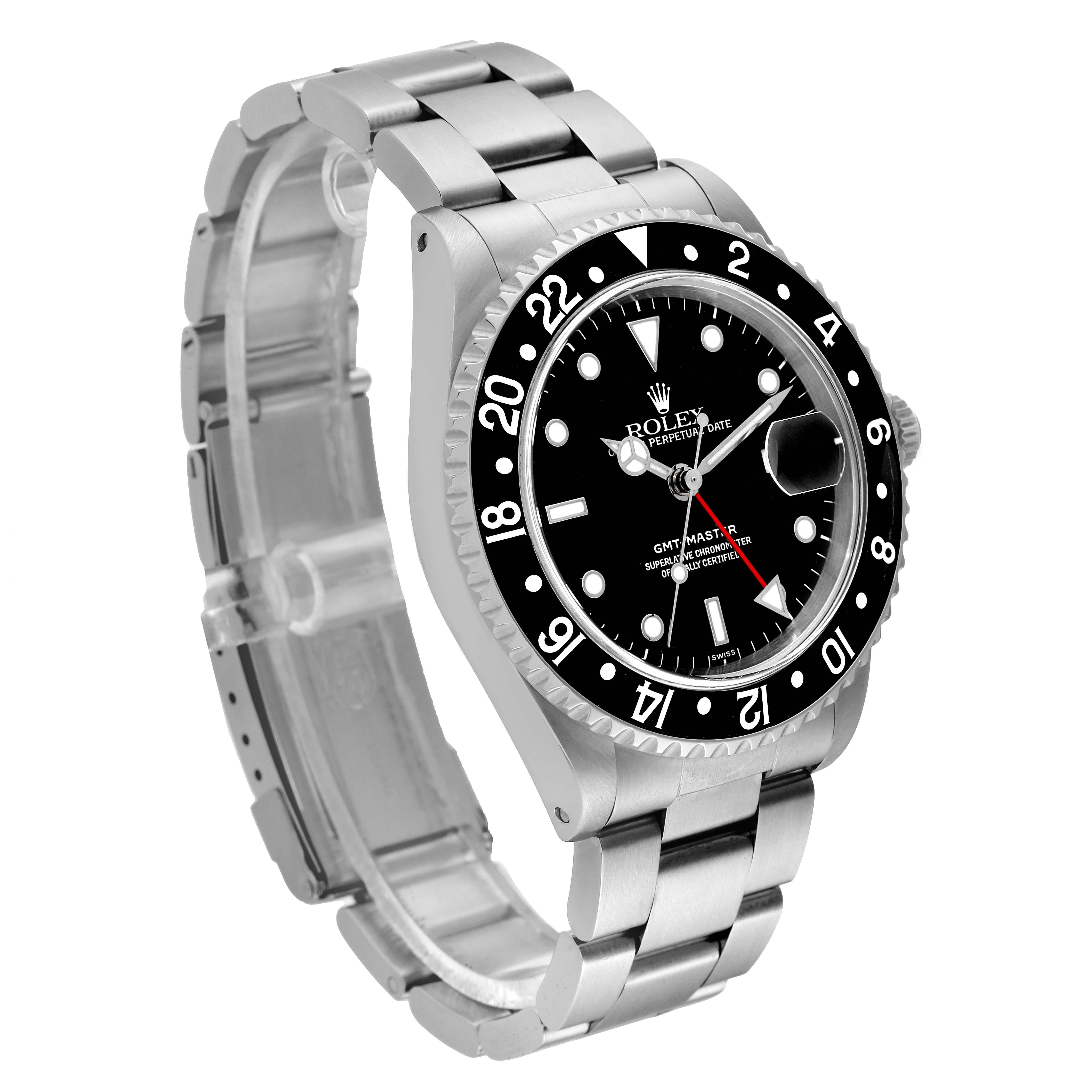 The image shows a Rolex GMT-Master 16700 Men's Stainless Steel Black Dial 16700 Men's Stainless Steel Black Dial watch at a three-quarter view displaying its face and stainless steel bracelet.