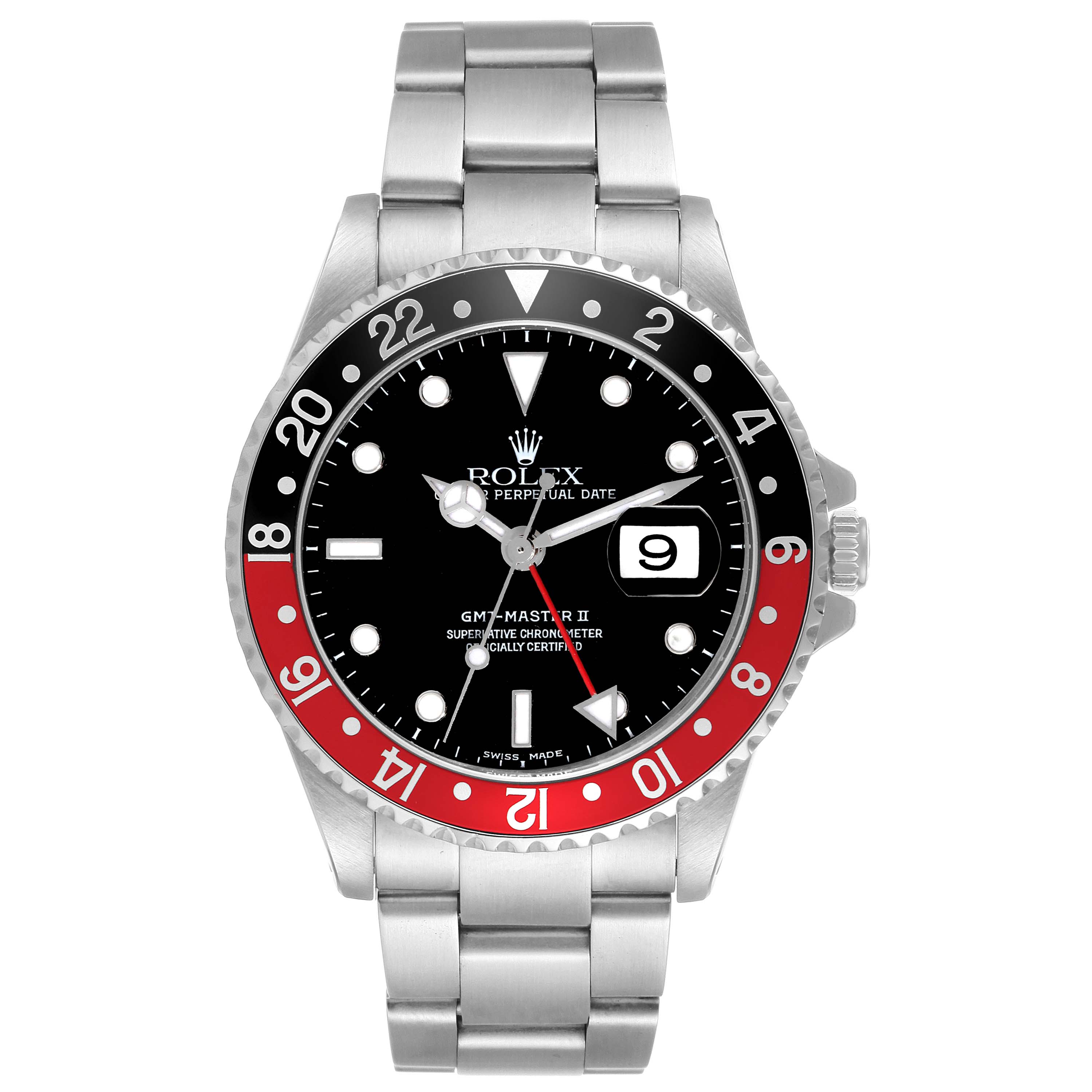 The image shows a front view of a Rolex GMT-Master 16710 Men
s Stainless Steel Black Dial 16710 Men
s Stainless Steel Black Dial II watch, displaying the bezel, dial, bracelet, and date window.