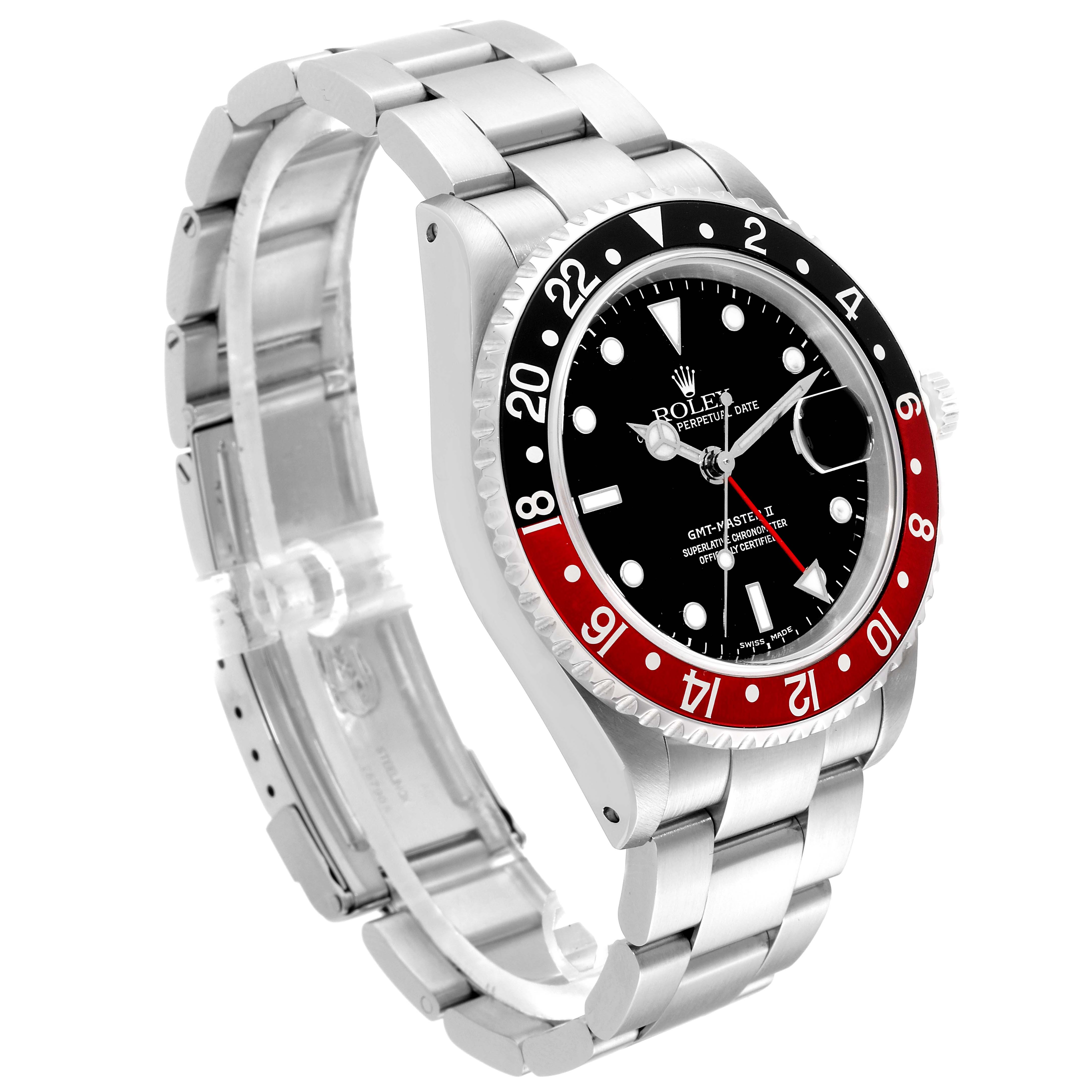 This image shows the Rolex GMT-Master 16710 Men
s Stainless Steel Black Dial 16710 Men
s Stainless Steel Black Dial watch at an angle displaying the bezel, dial, crown, and stainless steel bracelet.