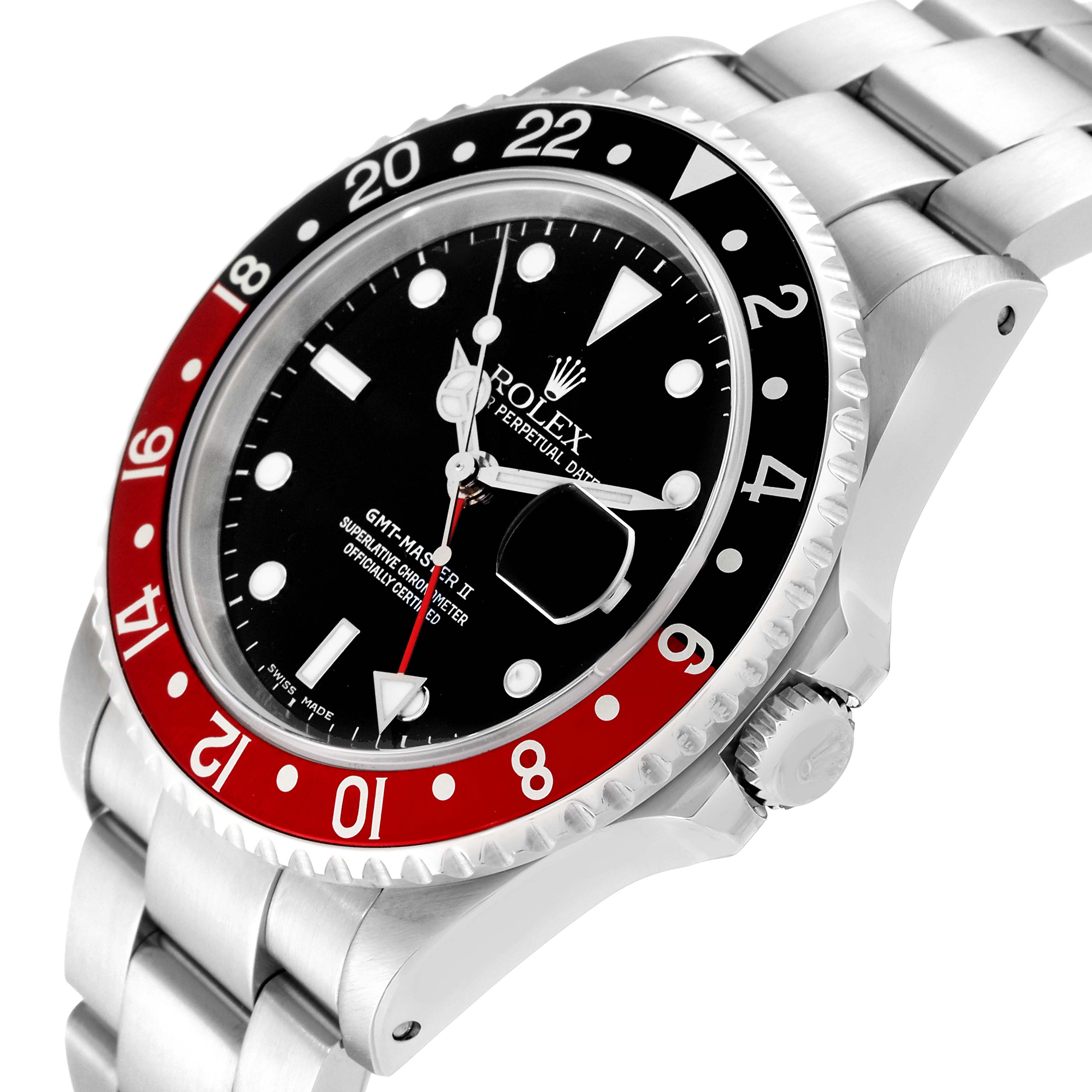 The image shows a close-up, angled view of the Rolex GMT-Master 16710 Men
s Stainless Steel Black Dial 16710 Men
s Stainless Steel Black Dial watch, highlighting the dial, bezel, and part of the bracelet.