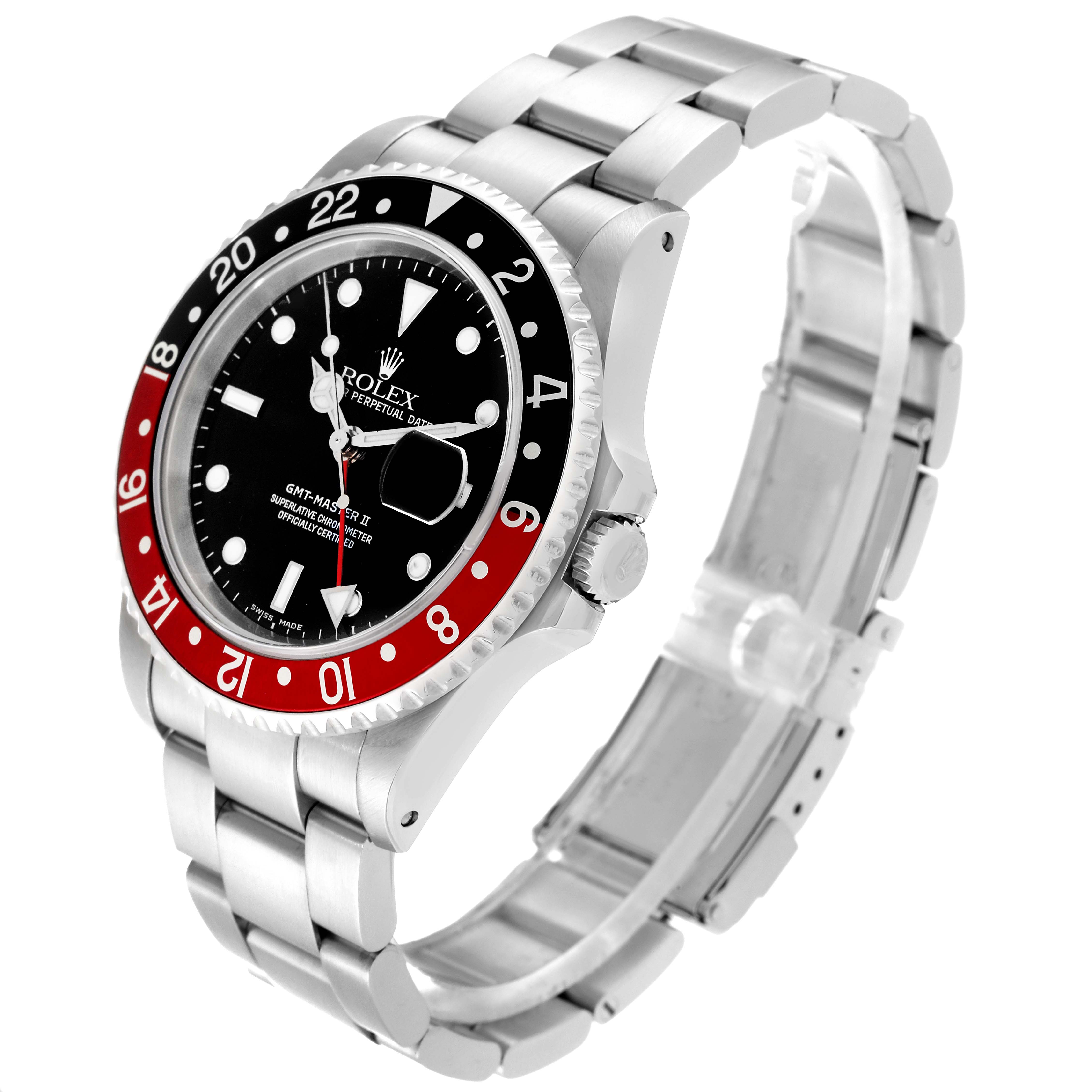The Rolex GMT-Master 16710 Men
s Stainless Steel Black Dial 16710 Men
s Stainless Steel Black Dial watch is shown in a three-quarter angle, displaying the face, bezel, crown, and bracelet.