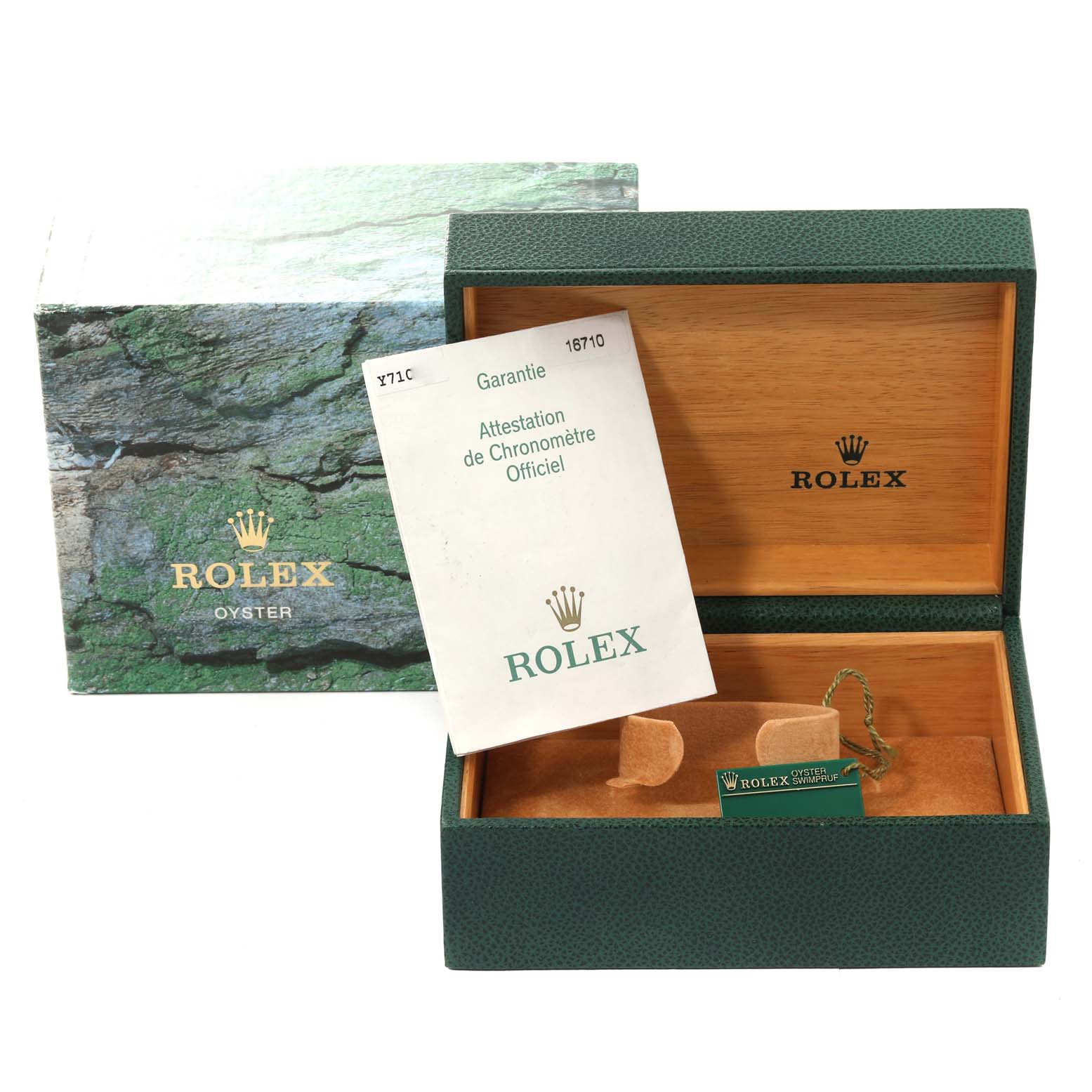 The image shows a Rolex GMT-Master 16710 Men
s Stainless Steel Black Dial 16710 Men
s Stainless Steel Black Dial watch box, certificate, and manual at an angle displaying the open box and documents.