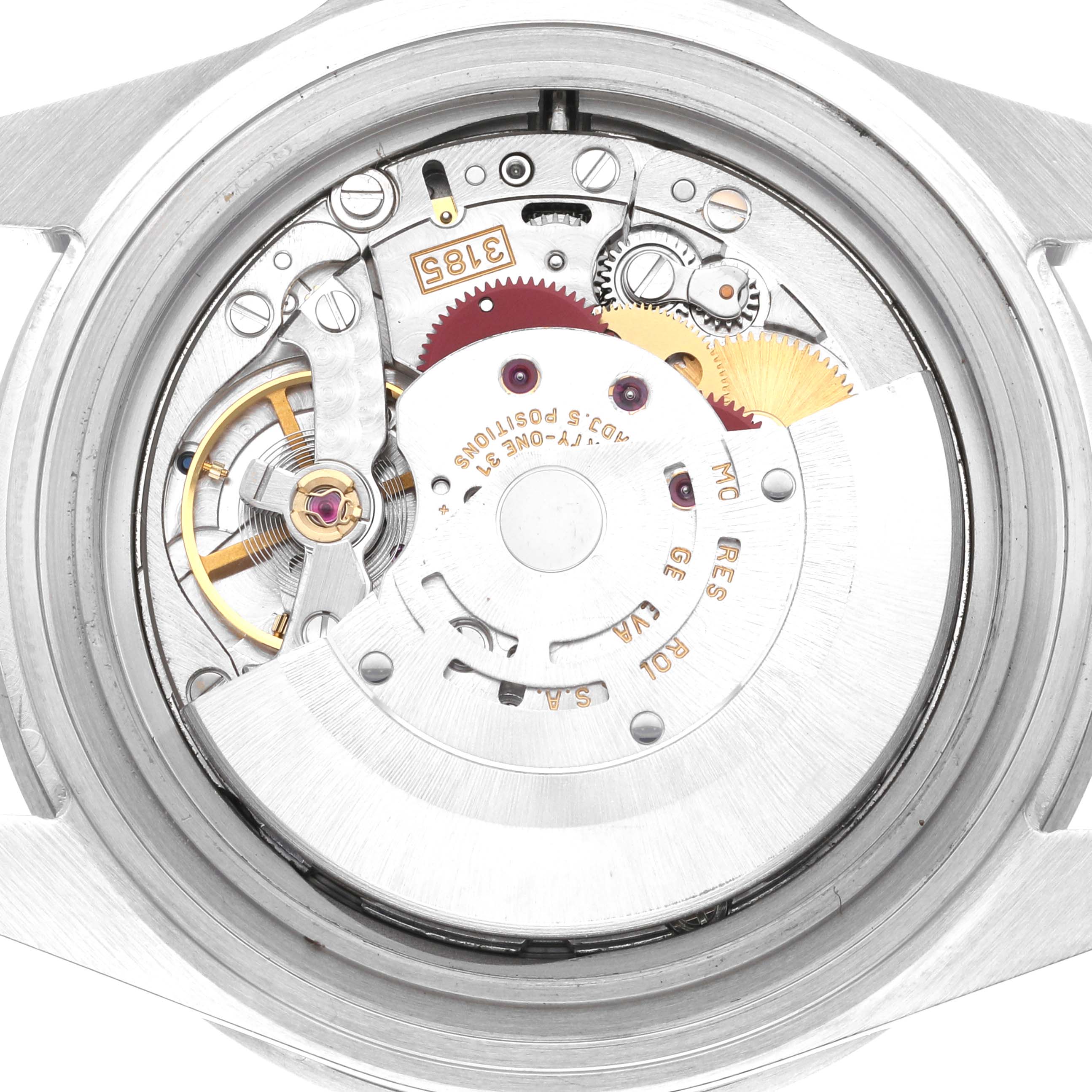 The image shows the exposed movement mechanism of a Rolex GMT-Master 16710 Men
s Stainless Steel Black Dial 16710 Men
s Stainless Steel Black Dial watch from a back angle.