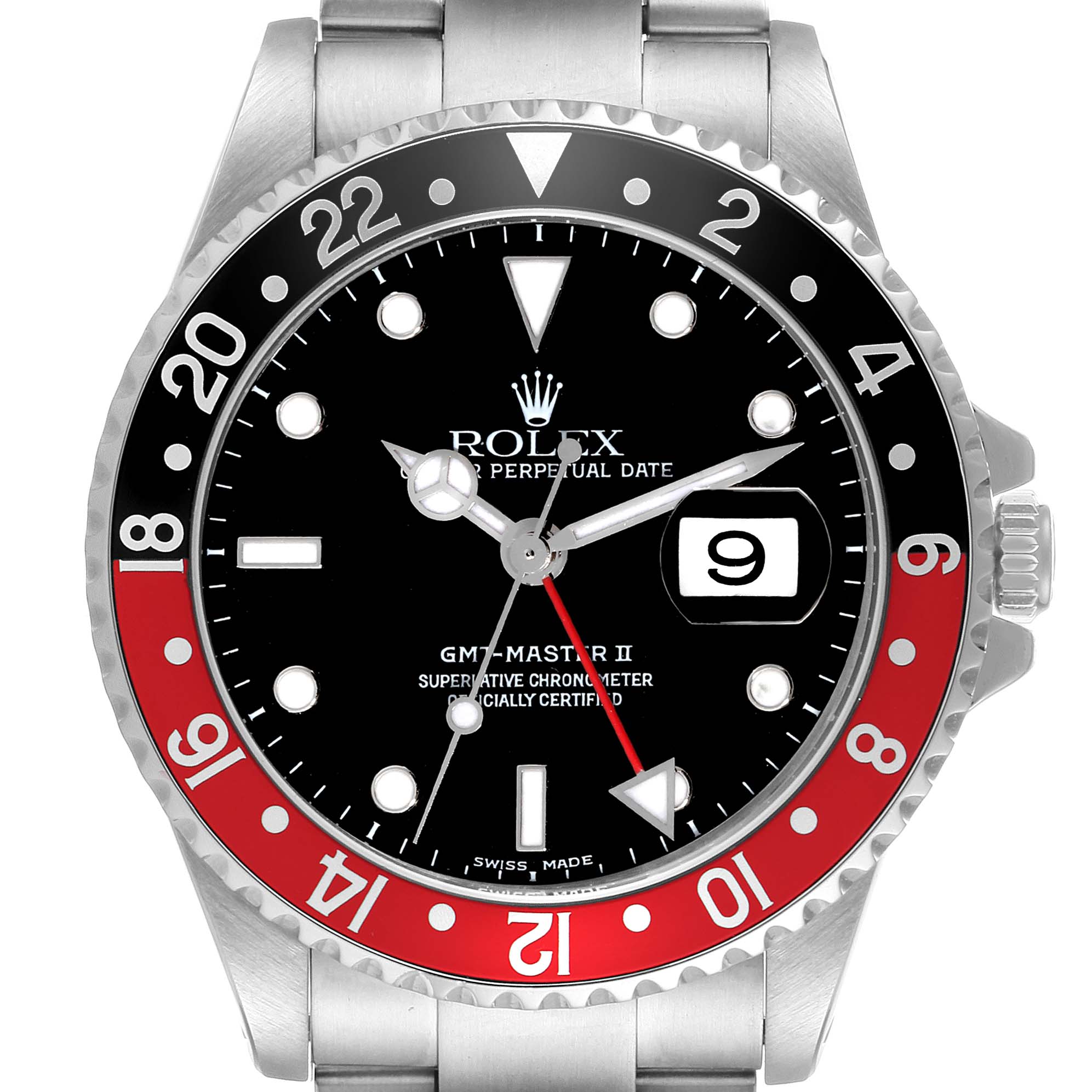 This image shows a frontal view of a Rolex GMT-Master 16710 Men
s Stainless Steel Black Dial 16710 Men
s Stainless Steel Black Dial II watch, highlighting the dial, hands, and bezel.