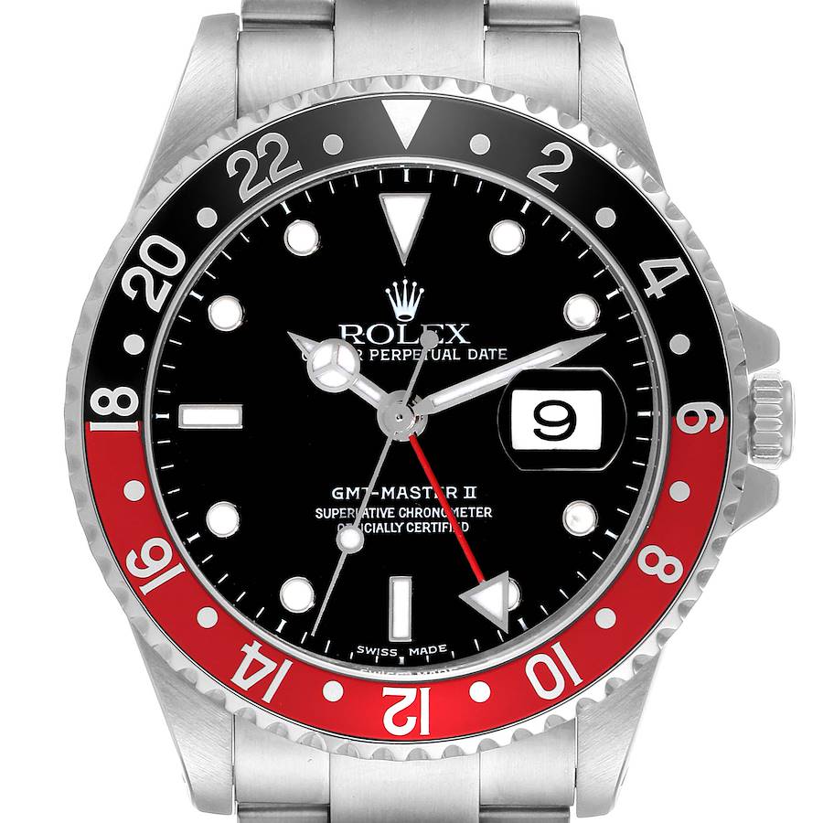 This image shows a frontal view of a Rolex GMT-Master II watch, highlighting the dial, hands, and bezel.