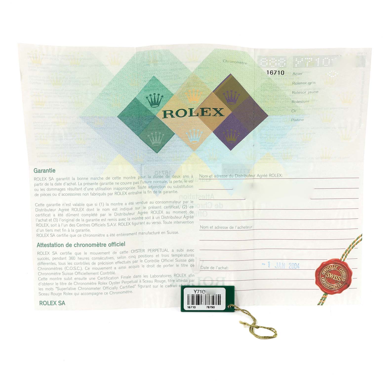 The image shows the certificate and warranty paperwork for the Rolex GMT-Master 16710 Men
s Stainless Steel Black Dial 16710 Men
s Stainless Steel Black Dial model, with model number 16710 visible.