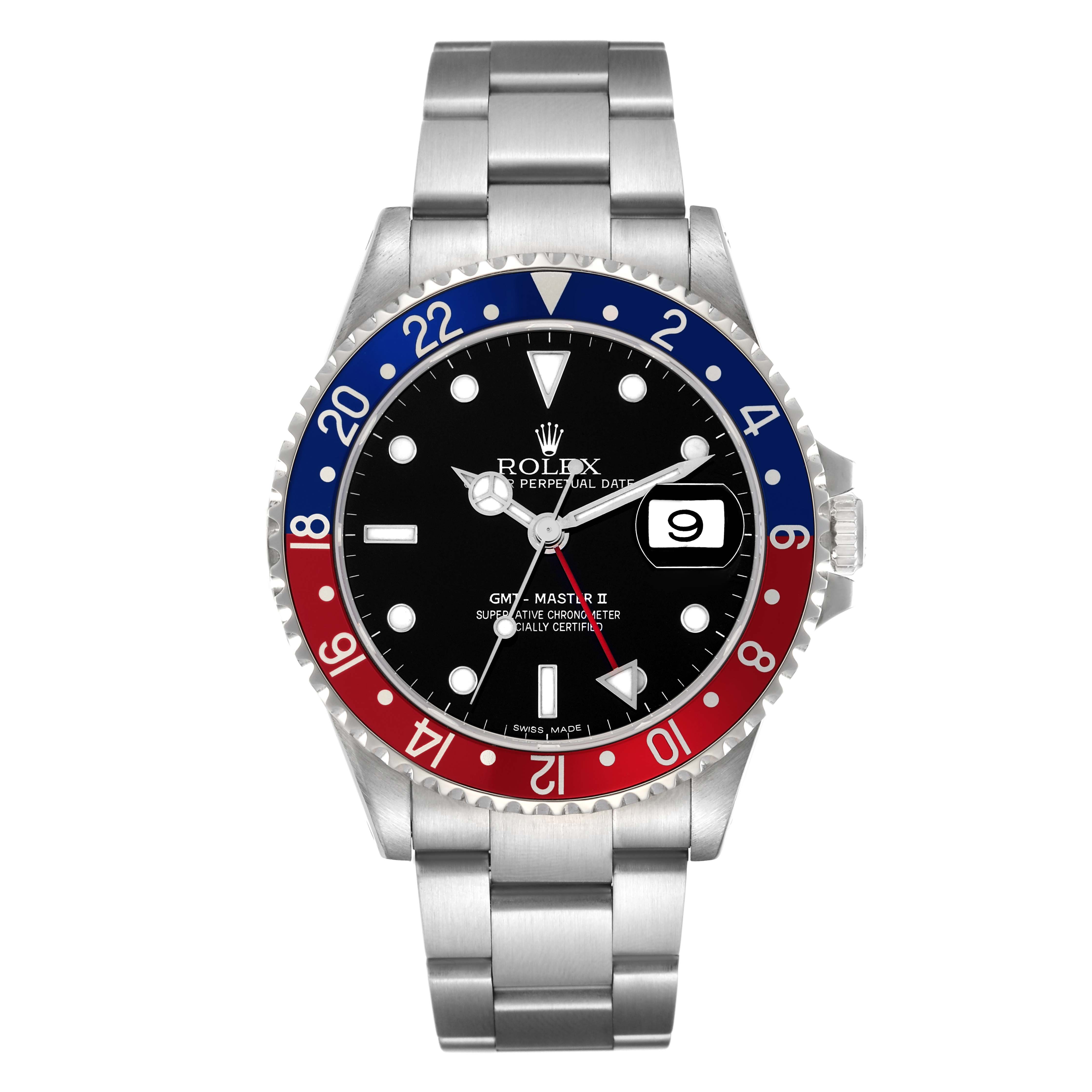 The Rolex GMT-Master 16710 Men's Stainless Steel Black Dial 16710 Men's Stainless Steel Black Dial watch is shown from a front angle, displaying the bezel, dial, hands, and part of the bracelet.