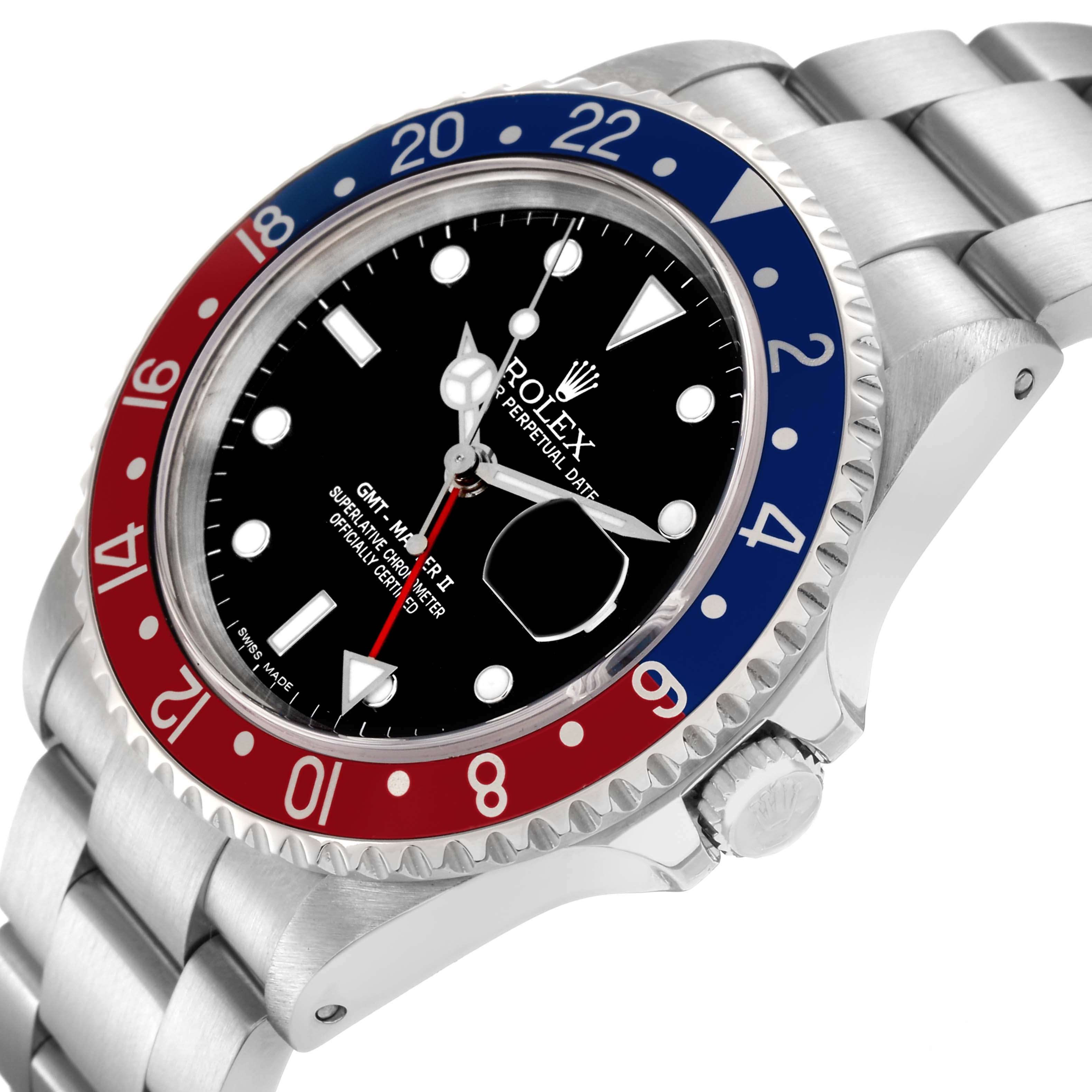 The Rolex GMT-Master 16710 Men's Stainless Steel Black Dial 16710 Men's Stainless Steel Black Dial watch is shown at an oblique angle, highlighting the bezel, dial, crown, and part of the bracelet.