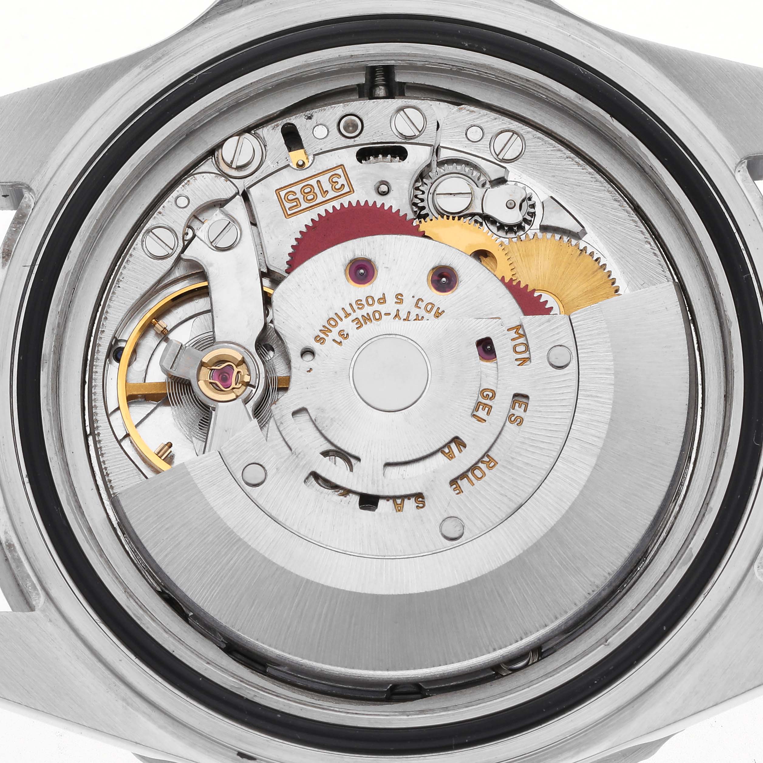 The image shows the movement of a Rolex GMT-Master 16710 Men's Stainless Steel Black Dial 16710 Men's Stainless Steel Black Dial watch, highlighting gears and the rotor from a top-down angle.