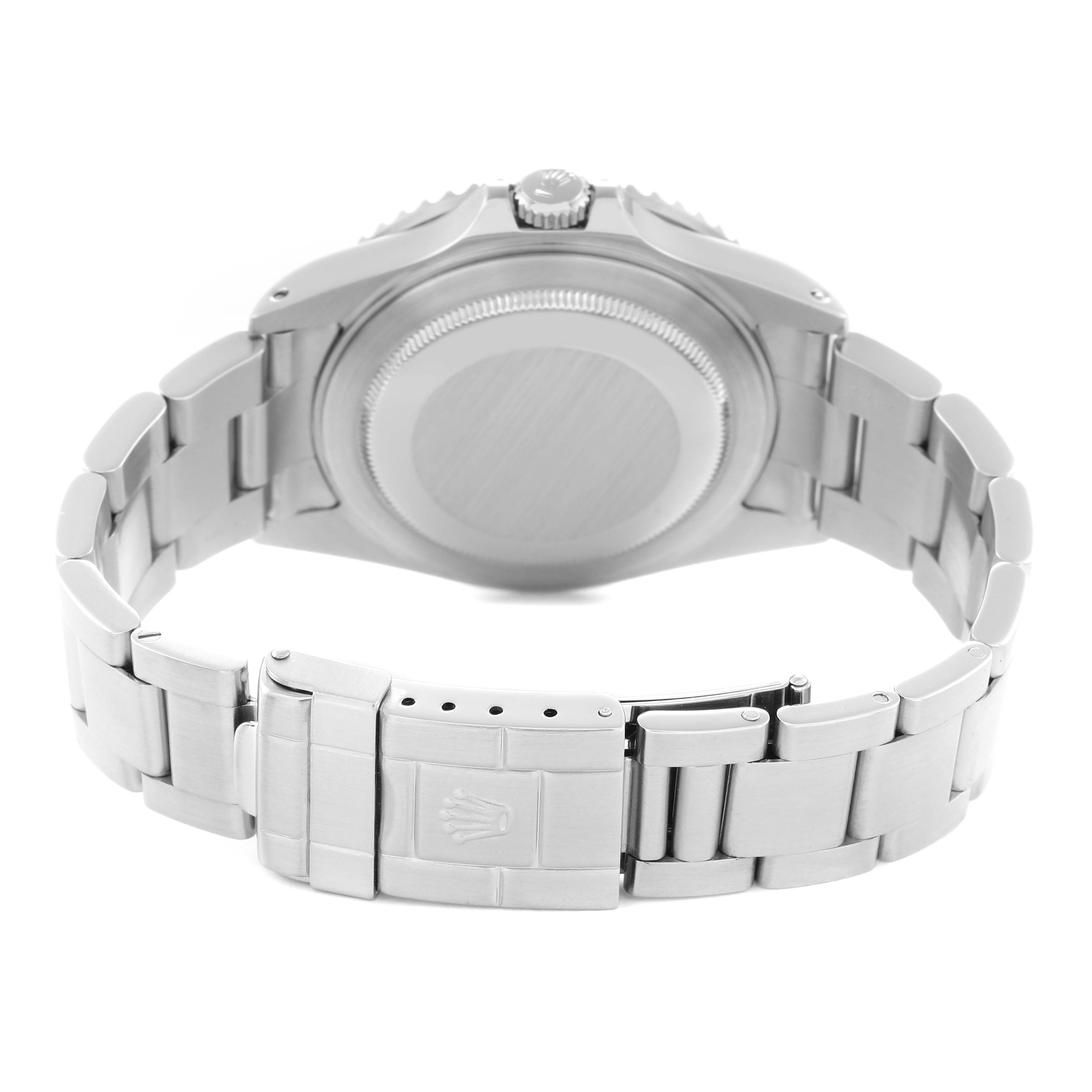 The image shows the back and clasp of a Rolex GMT-Master 16710 Men's Stainless Steel Black Dial 16710 Men's Stainless Steel Black Dial watch, highlighting the bracelet and case back from a rear angle.