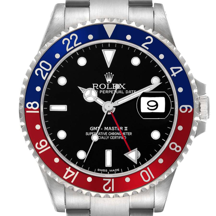 The image shows a front view of a Rolex GMT-Master II watch, highlighting the dial, bezel, and part of the bracelet.