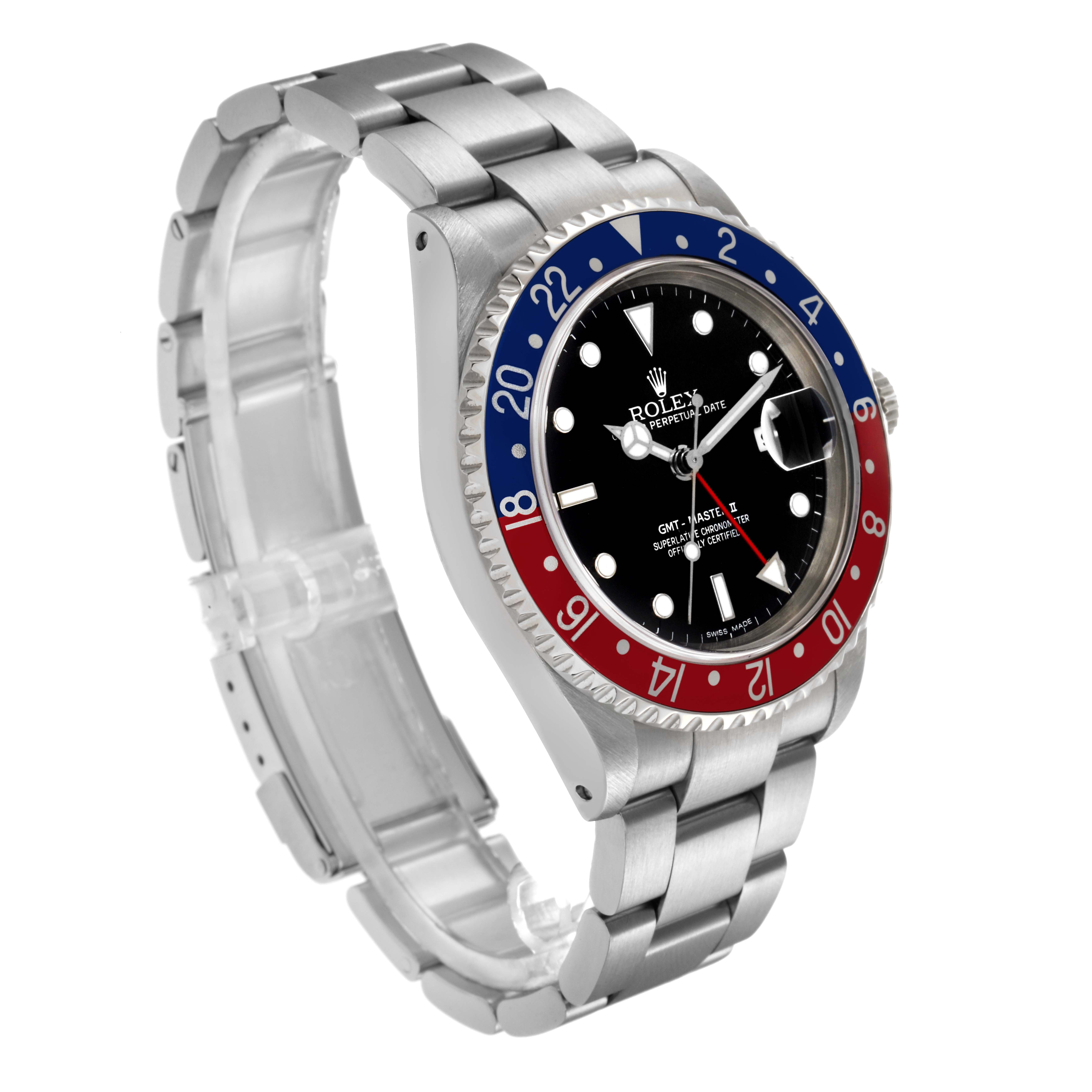 The Rolex GMT-Master 16710 Men's Stainless Steel Black Dial 16710 Men's Stainless Steel Black Dial is shown at a three-quarter angle, displaying the bezel, dial, bracelet, and crown.