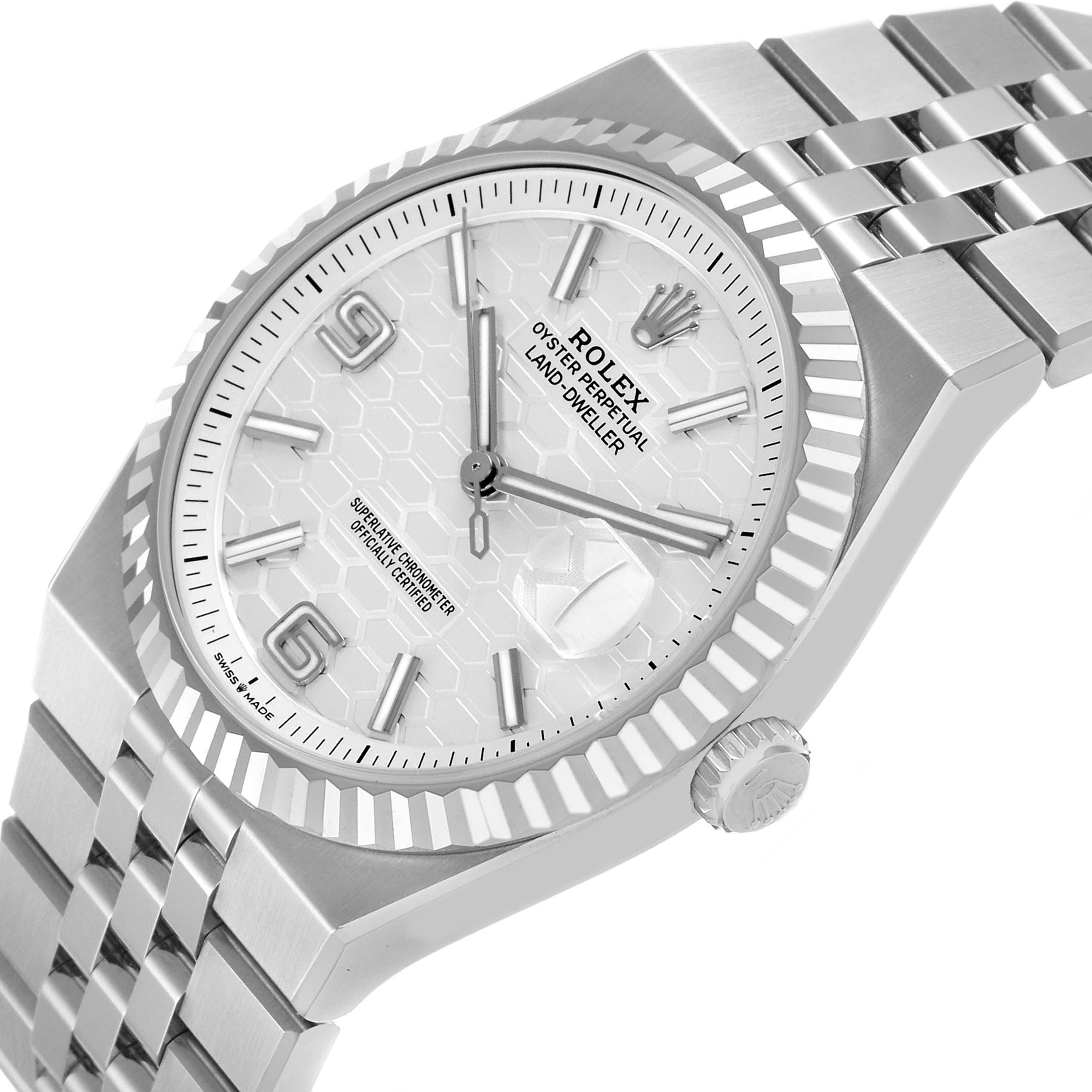 The Rolex Land‑Dweller 127334 Men's Stainless Steel White Dial watch is shown at an angle showcasing the face, bezel, crown, and part of the bracelet.