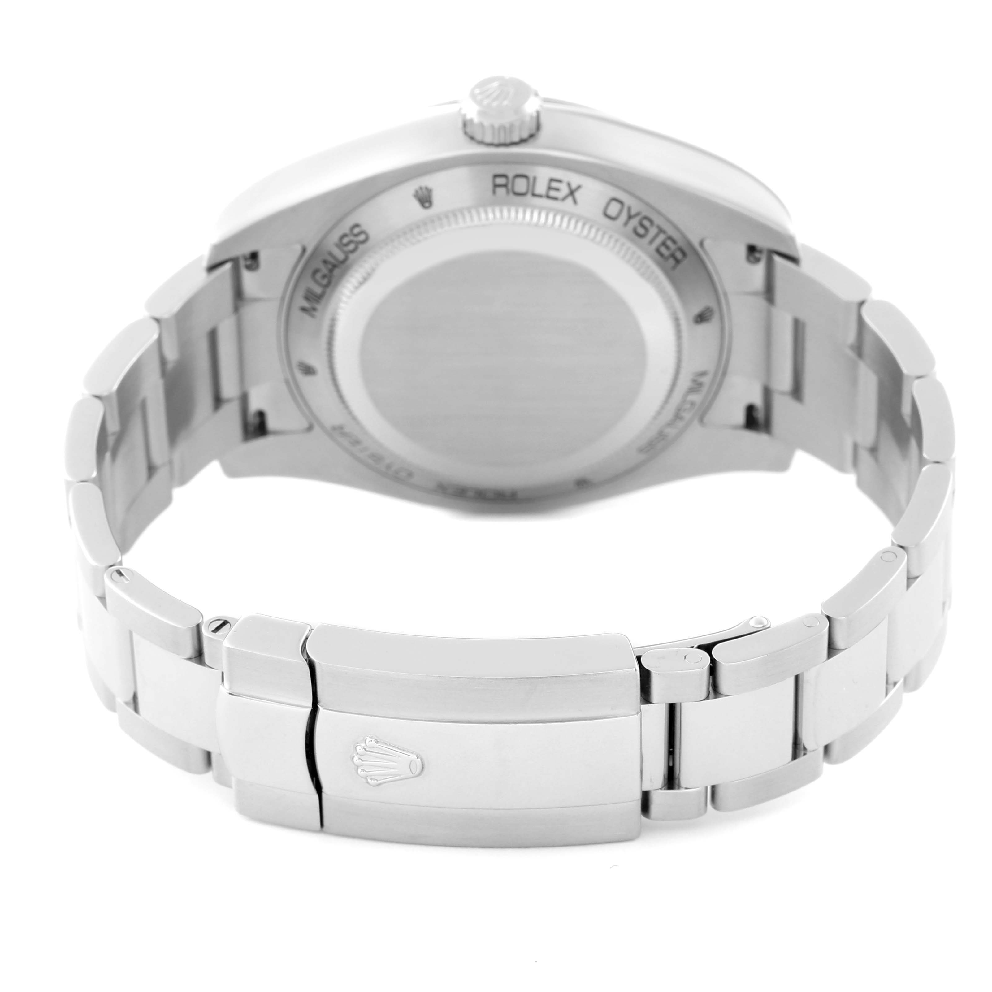 The image shows the back view of the Rolex Milgauss 116400 Men's Stainless Steel Black Dial 116400 Men's Stainless Steel Black Dial watch, highlighting the bracelet, clasp, and case back.