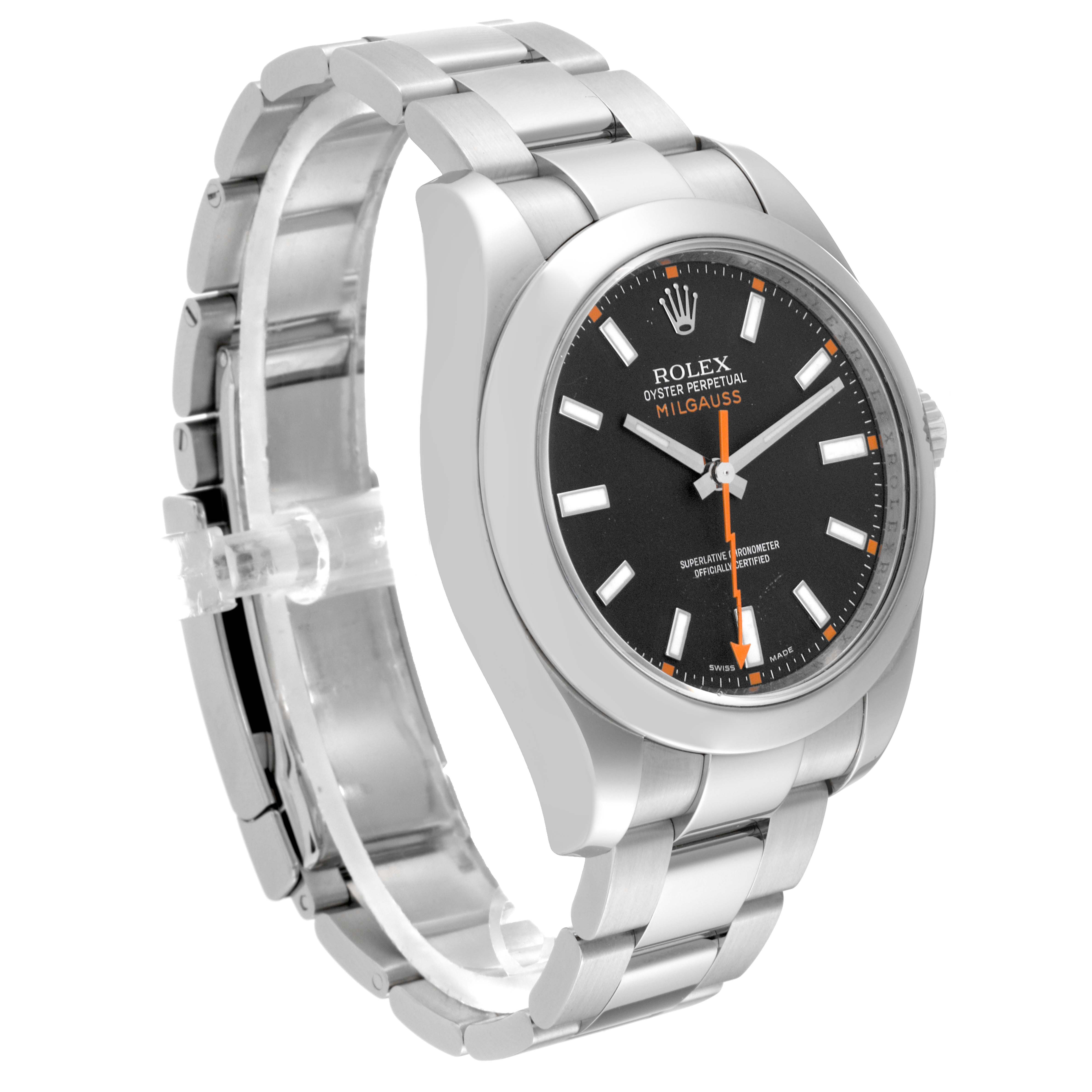 The image shows a side angle of a Rolex Milgauss 116400 Men's Stainless Steel Black Dial 116400 Men's Stainless Steel Black Dial watch, displaying its stainless steel bracelet and black dial.