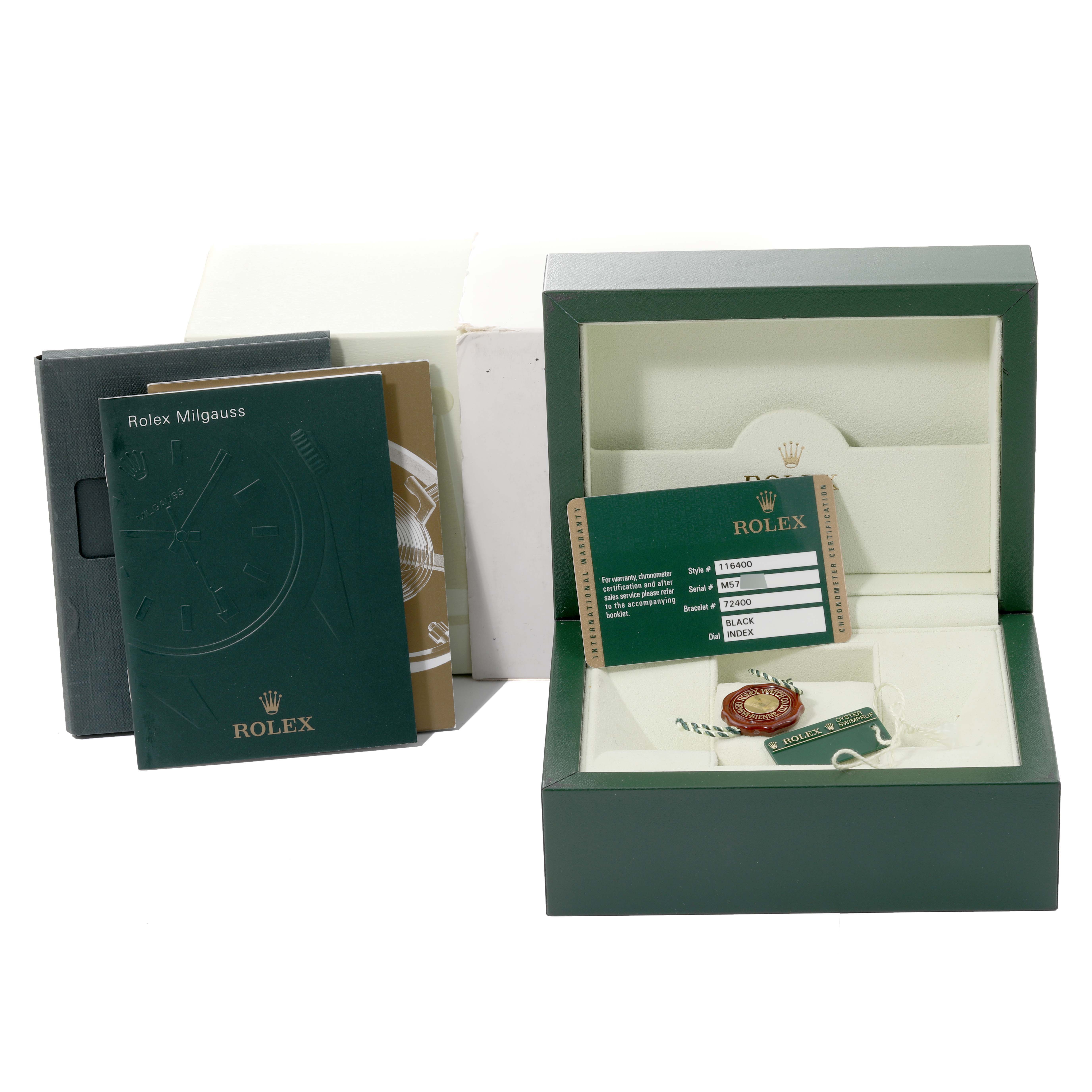 The image shows a green Rolex Milgauss 116400 Men's Stainless Steel Black Dial 116400 Men's Stainless Steel Black Dial box, warranty card, and booklet from a front angle.