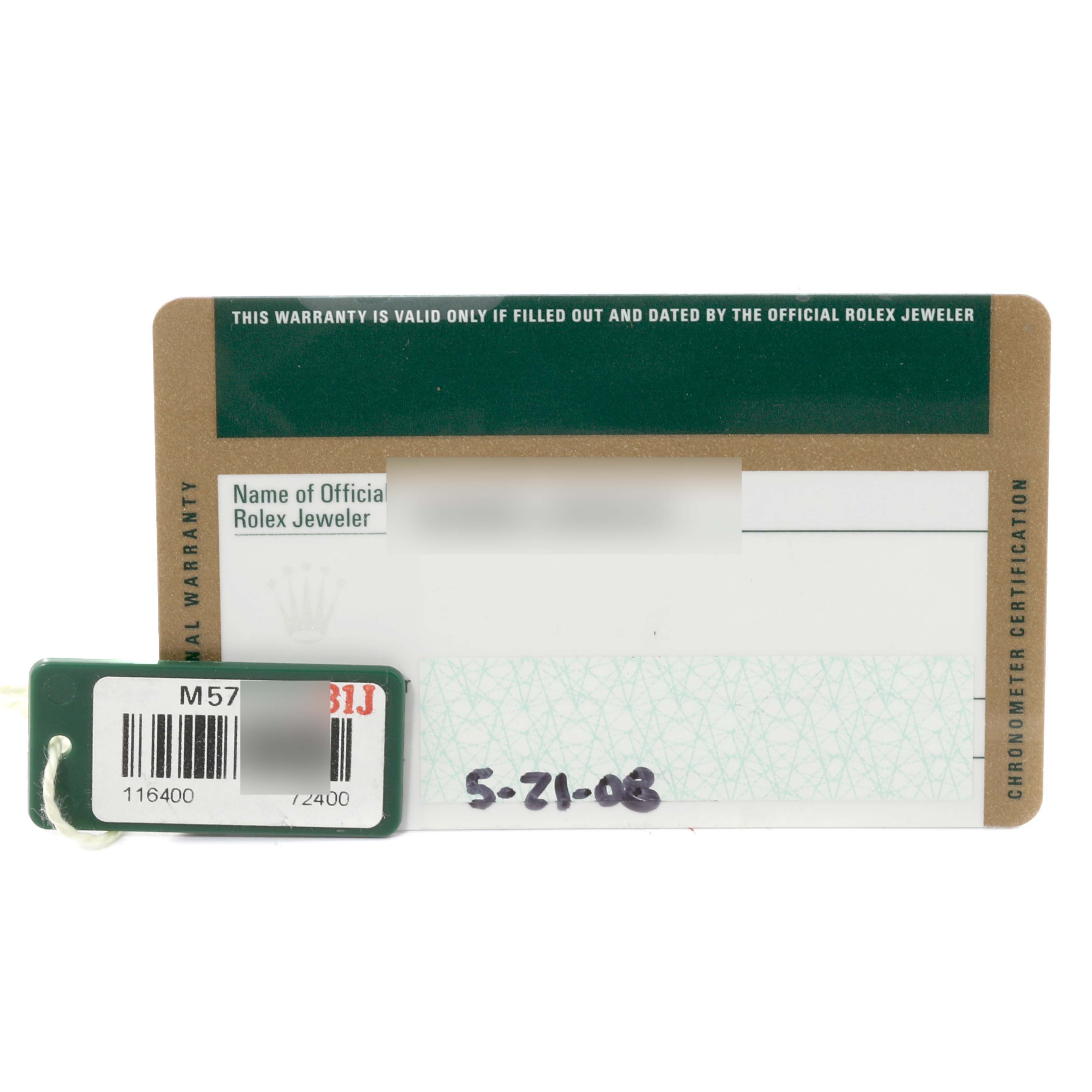 The image shows a warranty card and barcode tag for a Rolex Milgauss 116400 Men's Stainless Steel Black Dial 116400 Men's Stainless Steel Black Dial watch.