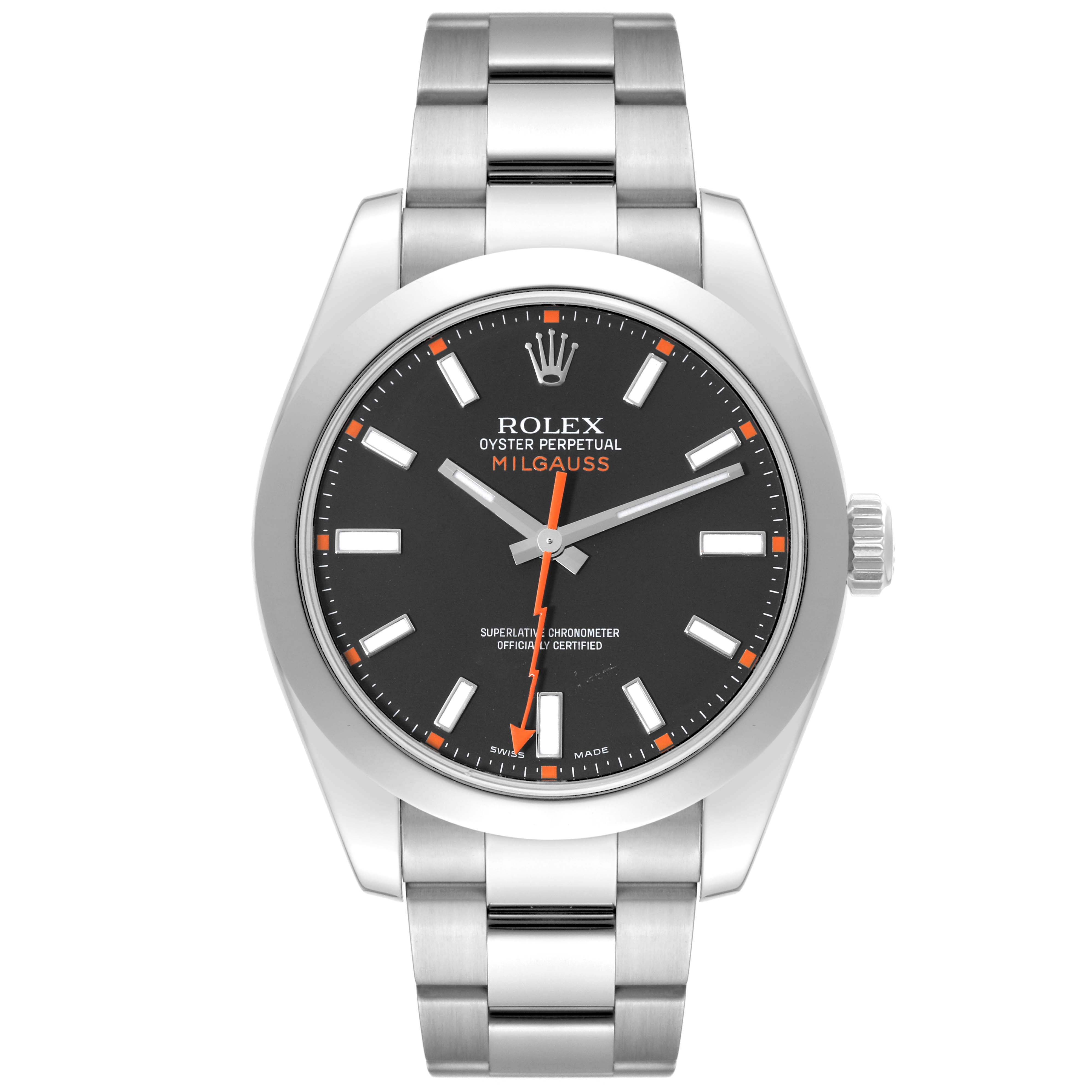 The image shows a full frontal view of a Rolex Milgauss 116400 Men's Stainless Steel Black Dial 116400 Men's Stainless Steel Black Dial watch, displaying its black dial, orange accents, and stainless steel bracelet.
