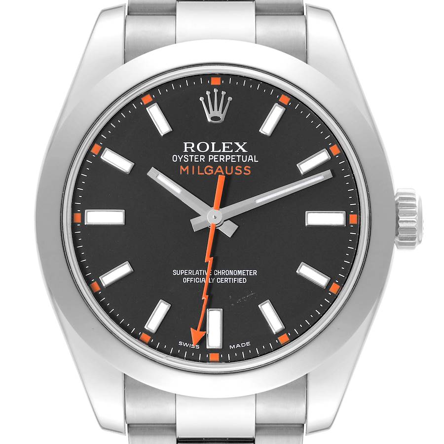 The image shows a front view of the Rolex Milgauss watch, highlighting the dial, hour markers, hands, and crown.