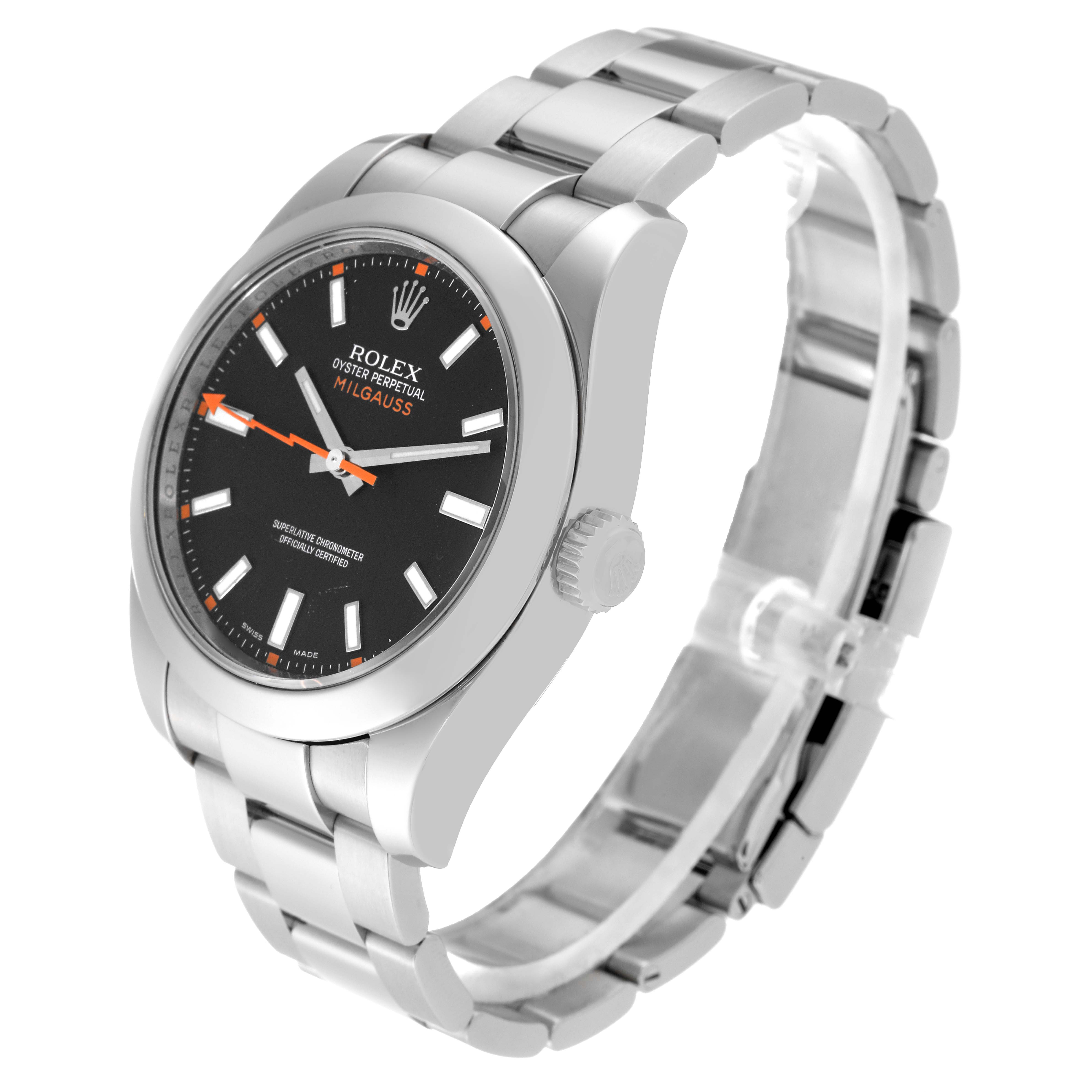 The image shows a Rolex Milgauss 116400 Men's Stainless Steel Black Dial 116400 Men's Stainless Steel Black Dial watch at a three-quarter angle, displaying its face, bezel, crown, and bracelet.