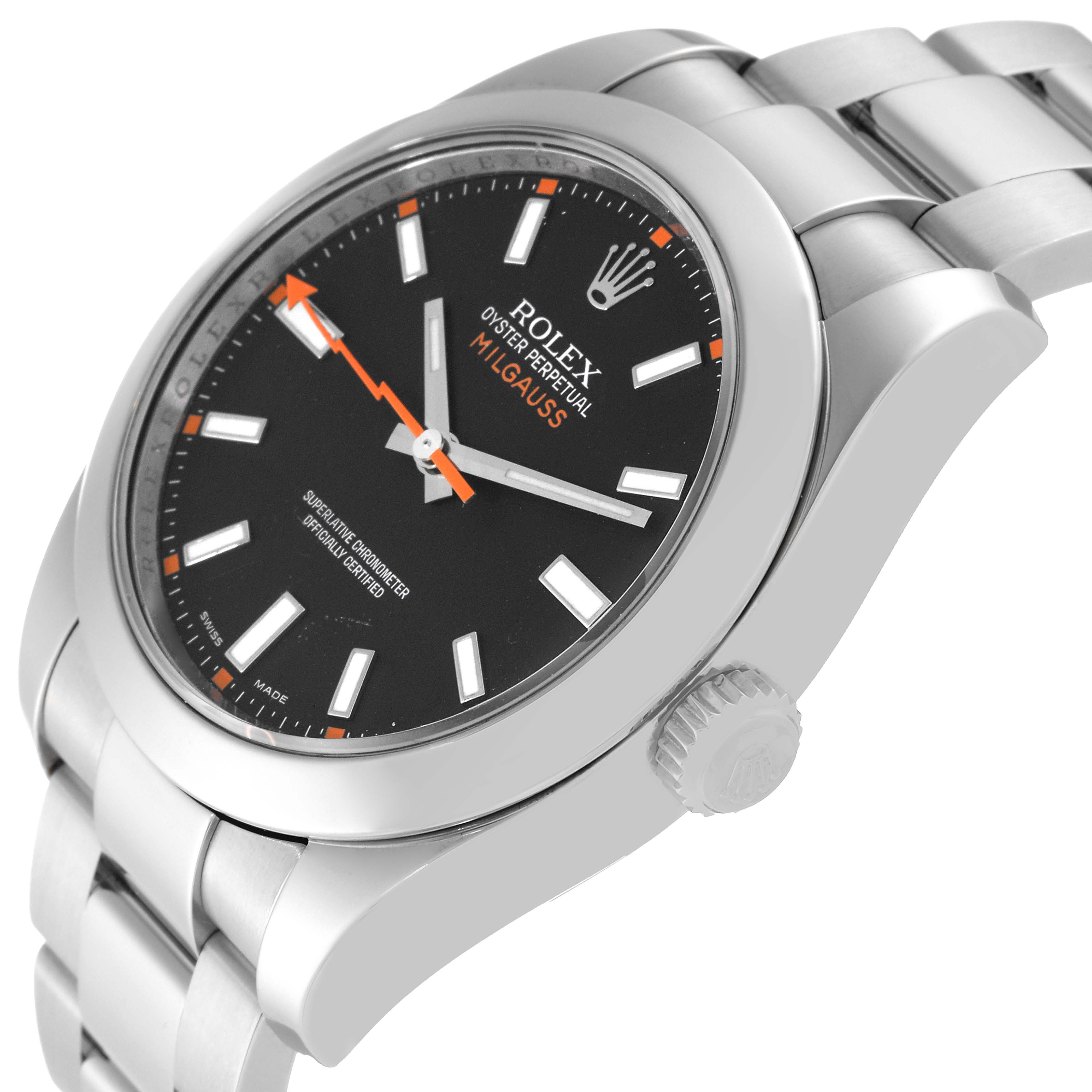The Rolex Milgauss 116400 Men's Stainless Steel Black Dial 116400 Men's Stainless Steel Black Dial watch is shown from a slight side angle, highlighting the face, bezel, crown, and part of the bracelet.