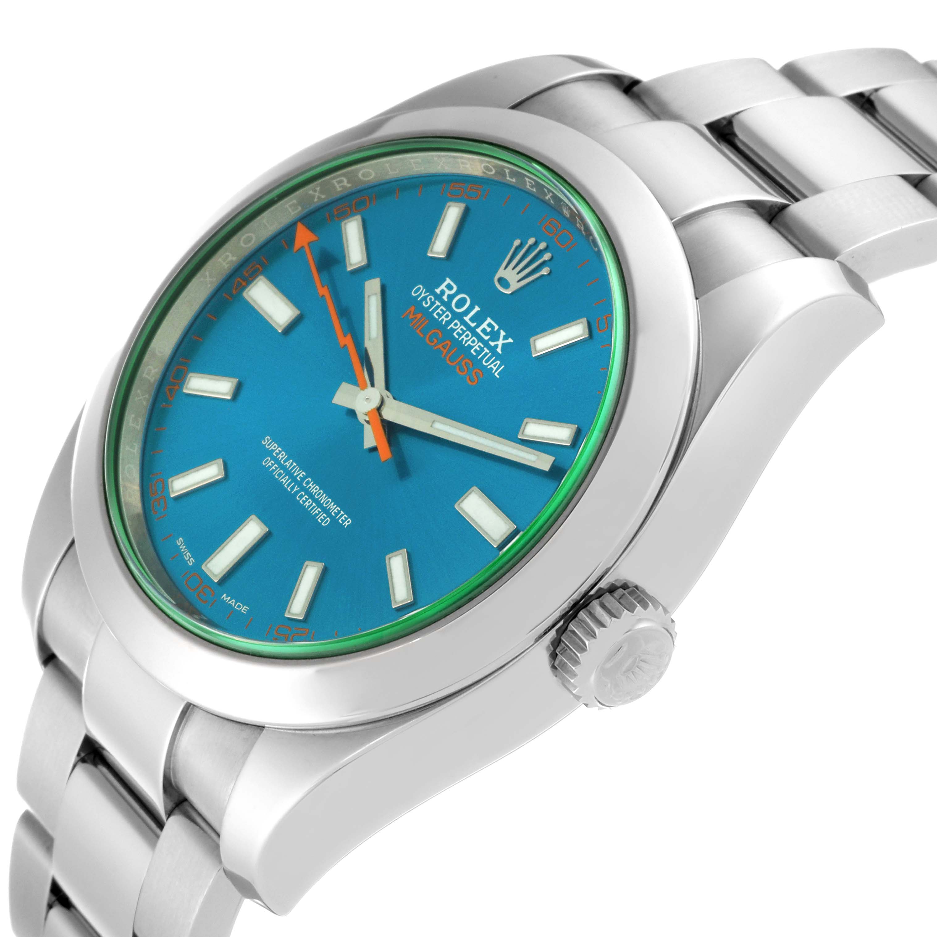 This image shows a tilted side view of the Rolex Milgauss 116400GV Men's Stainless Steel Blue Dial 116400GV Men's Stainless Steel Blue Dial watch displaying its blue dial, crown, and part of the metal bracelet.