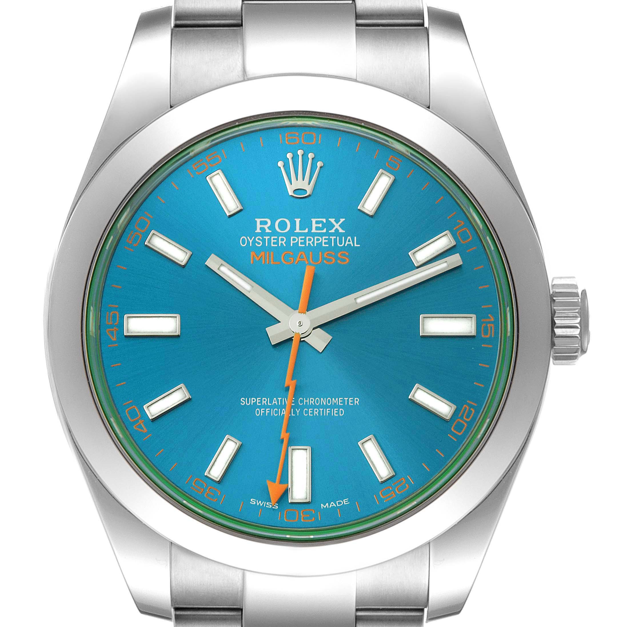 The image shows a front view of the Rolex Milgauss 116400GV Men's Stainless Steel Blue Dial 116400GV Men's Stainless Steel Blue Dial watch, featuring a blue dial, orange lightning bolt second hand, and stainless steel bracelet.