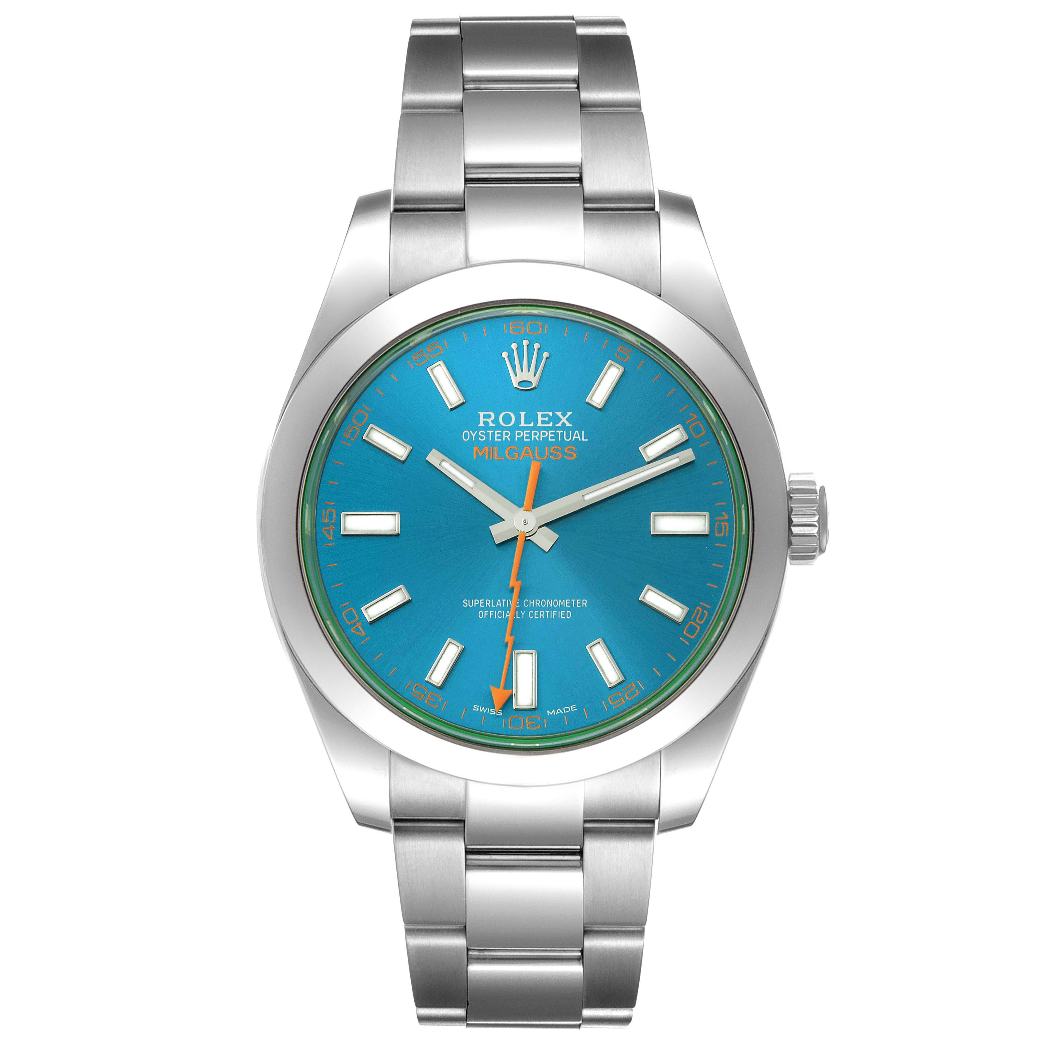 This image shows a front view of a Rolex Milgauss 116400GV Men's Stainless Steel Blue Dial 116400GV Men's Stainless Steel Blue Dial watch, displaying its face, bezel, crown, and bracelet.