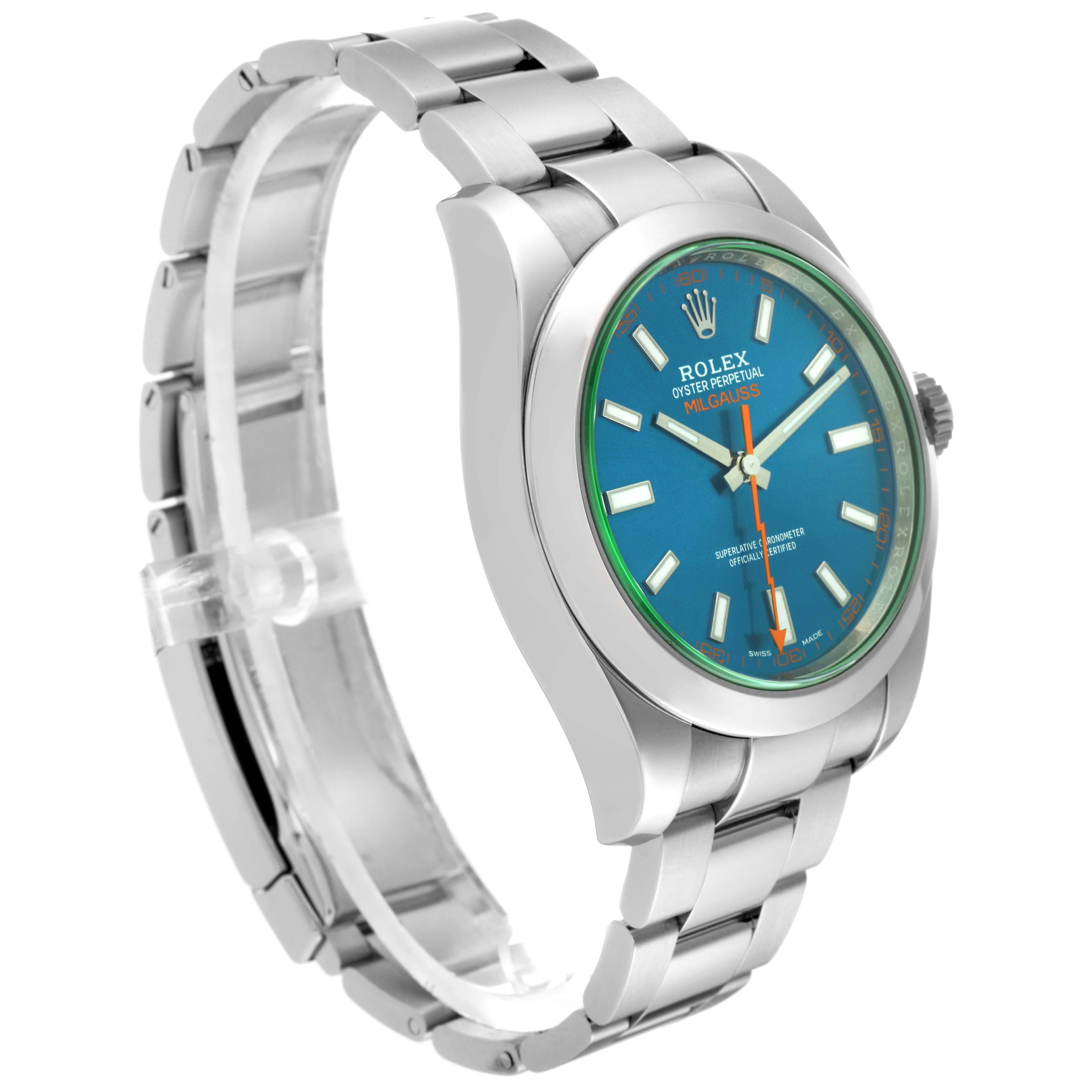 The Rolex Milgauss 116400GV Men's Stainless Steel Blue Dial 116400GV Men's Stainless Steel Blue Dial watch is shown at a side angle, displaying the watch face, bezel, and stainless steel bracelet.