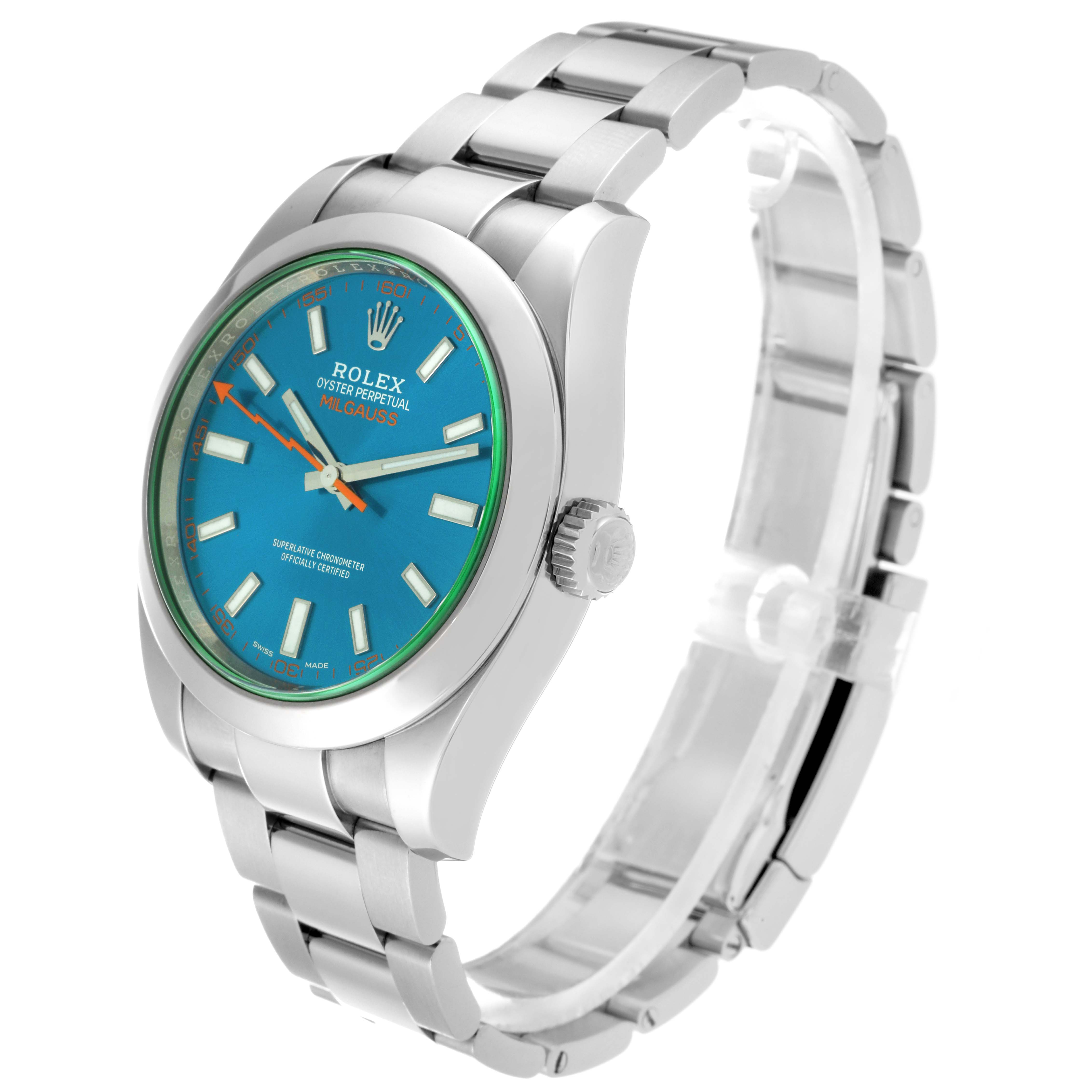 The Rolex Milgauss 116400GV Men's Stainless Steel Blue Dial 116400GV Men's Stainless Steel Blue Dial watch is shown at a three-quarter angle, displaying the blue dial, stainless steel case, bracelet, and crown.