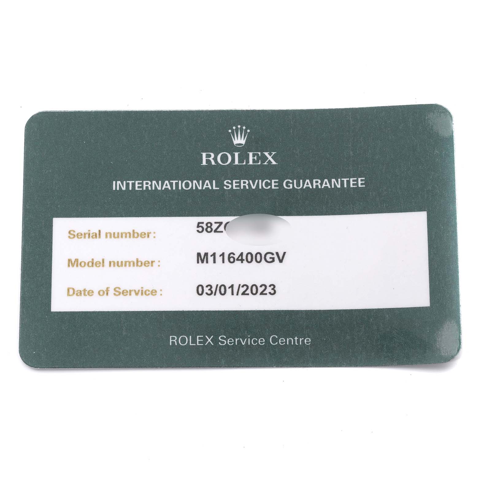This image shows an International Service Guarantee card for a Rolex Milgauss 116400GV Men's Stainless Steel Blue Dial 116400GV Men's Stainless Steel Blue Dial model M116400GV, indicating a service date of 03/01/2023.