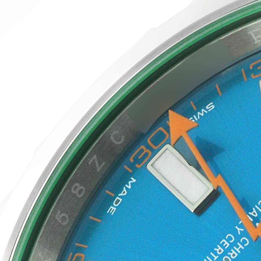 The image shows a close-up of the Rolex Milgauss 116400GV Men's Stainless Steel Blue Dial 116400GV Men's Stainless Steel Blue Dial watch face from an angled top view, highlighting the minute markers and the orange lightning bolt seconds hand.