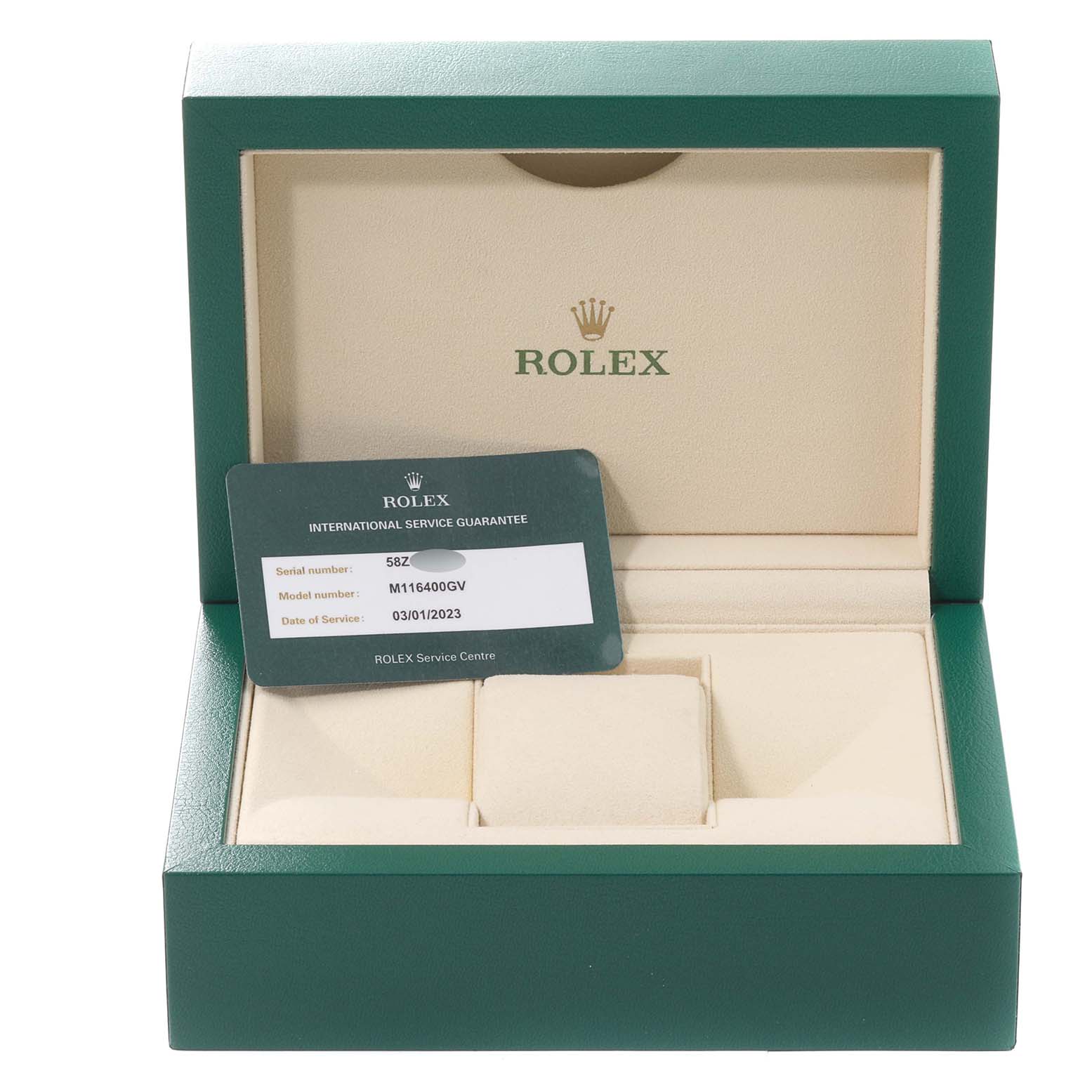 The photo shows a Rolex Milgauss 116400GV Men's Stainless Steel Blue Dial 116400GV Men's Stainless Steel Blue Dial watch box and an international service guarantee card, displayed at an angle from the front.