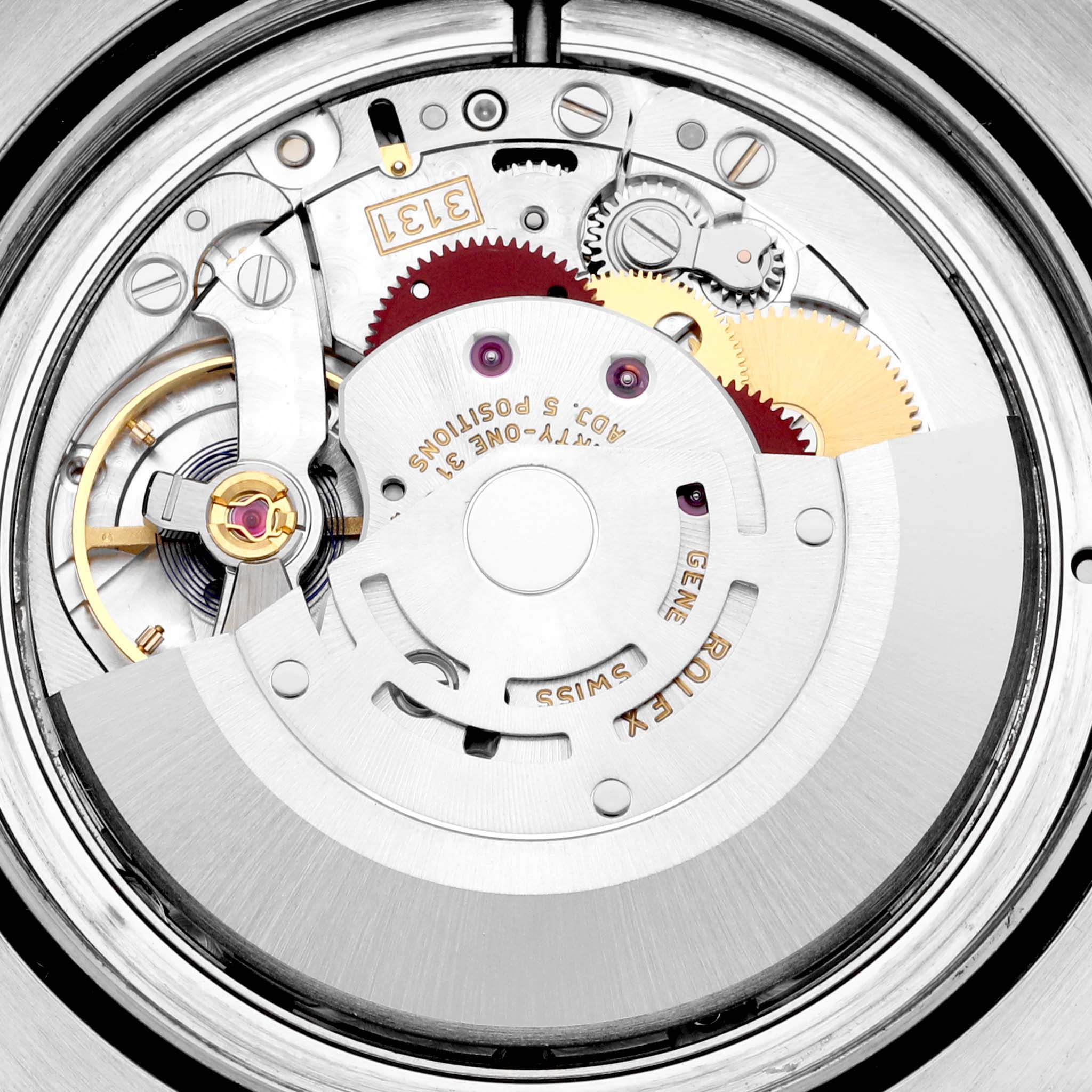 The image shows a close-up view of the internal movement mechanism of a Rolex Milgauss 116400GV Men's Stainless Steel Blue Dial 116400GV Men's Stainless Steel Blue Dial watch.