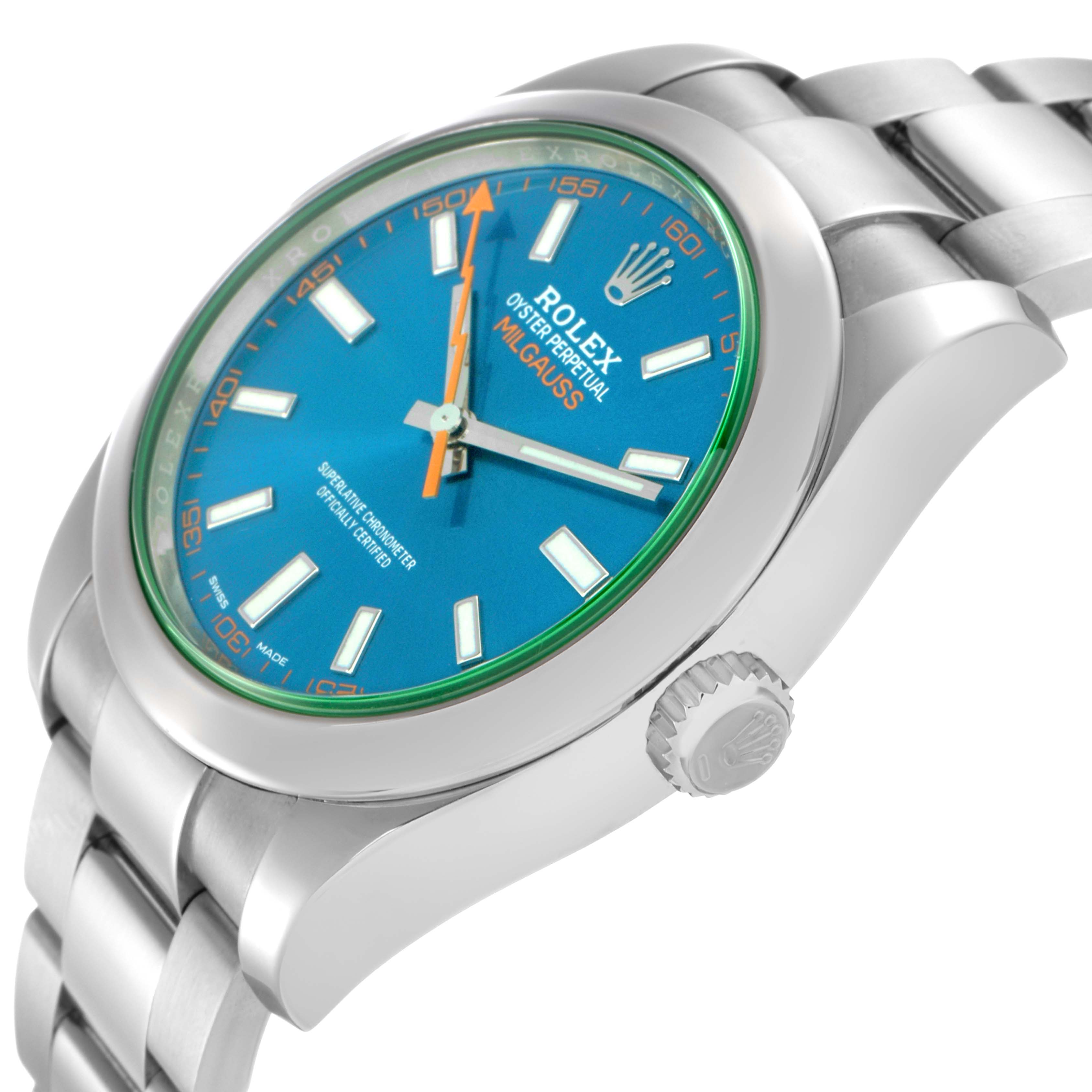 The Rolex Milgauss 116400GV Men's Stainless Steel Blue Dial 116400GV Men's Stainless Steel Blue Dial watch is shown at an angle highlighting its bezel, crown, and bracelet with a clear view of the blue dial.