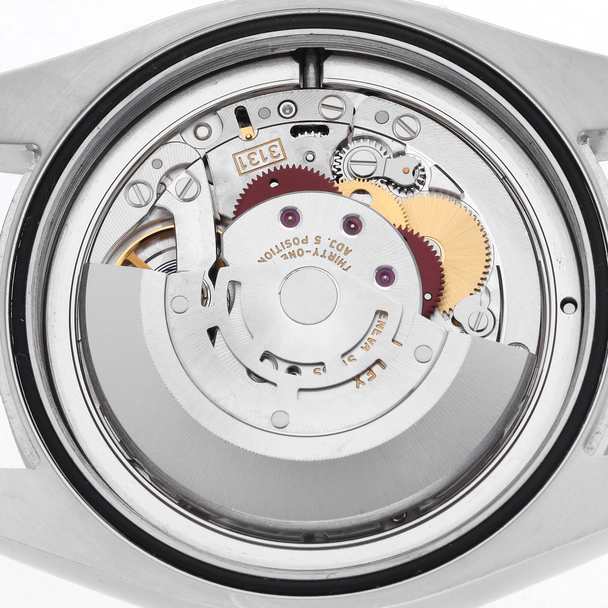 The image shows the Rolex Milgauss 116400GV Men's Stainless Steel Blue Dial 116400GV Men's Stainless Steel Blue Dial watch movement from the back, highlighting the rotor and internal mechanical components.