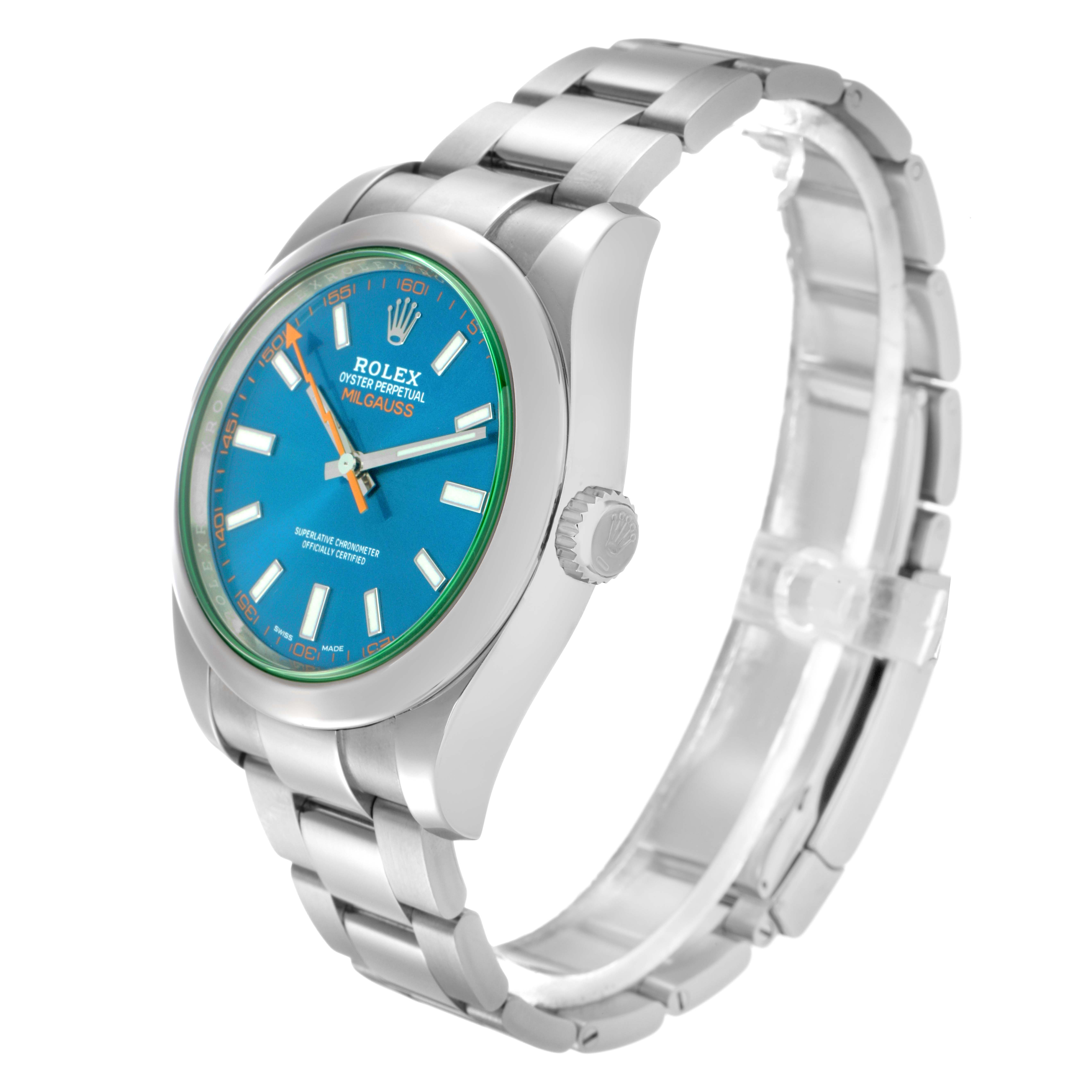 The Rolex Milgauss 116400GV Men's Stainless Steel Blue Dial 116400GV Men's Stainless Steel Blue Dial watch is shown at a three-quarter angle, highlighting the dial, bezel, crown, and bracelet.