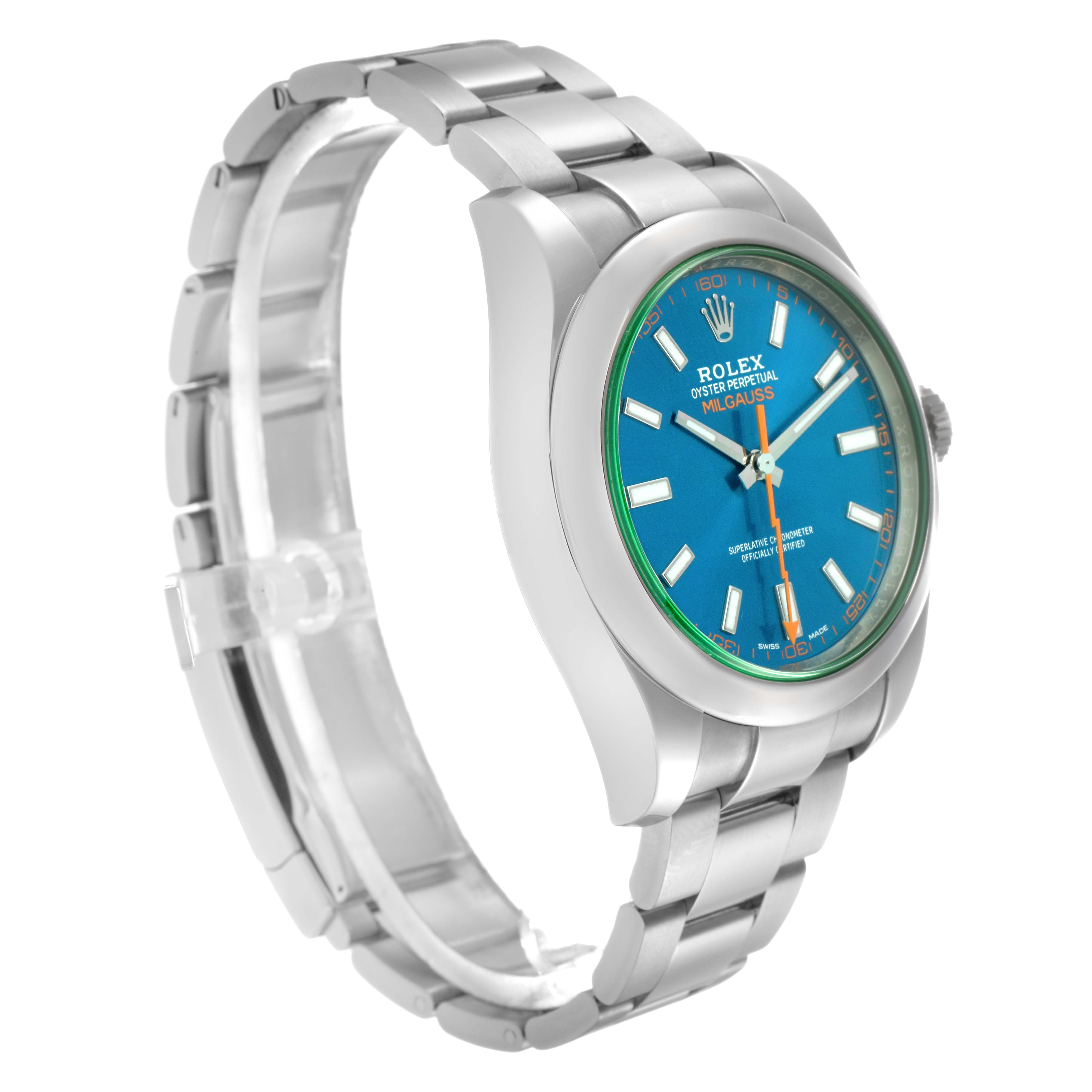 The Rolex Milgauss 116400GV Men's Stainless Steel Blue Dial 116400GV Men's Stainless Steel Blue Dial watch is shown at a three-quarter angle, displaying the blue dial, case, bezel, bracelet, and part of the clasp.
