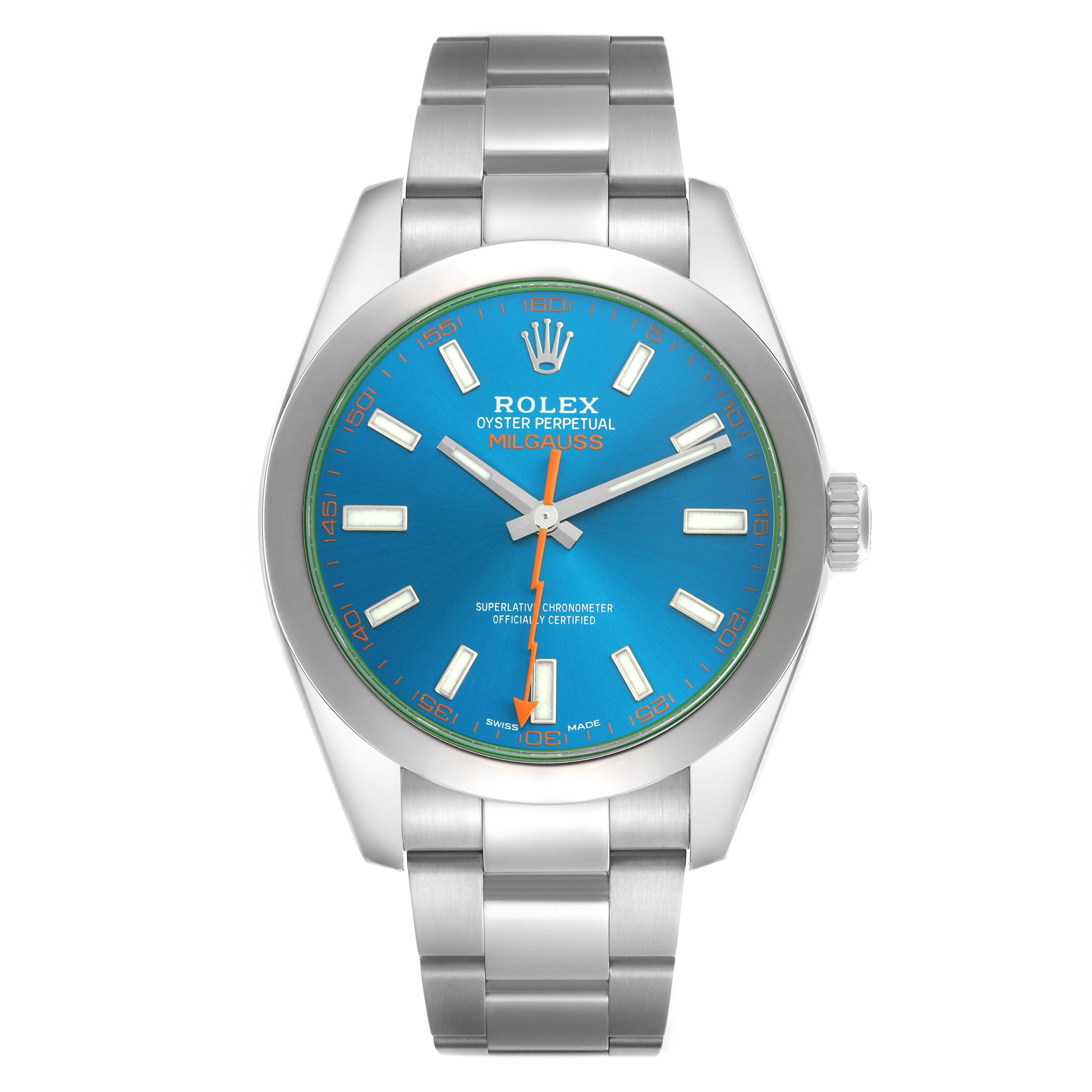 The Rolex Milgauss 116400GV Men's Stainless Steel Blue Dial 116400GV Men's Stainless Steel Blue Dial watch is shown from a front angle, displaying its blue dial, hour markers, hands, and stainless steel bracelet.