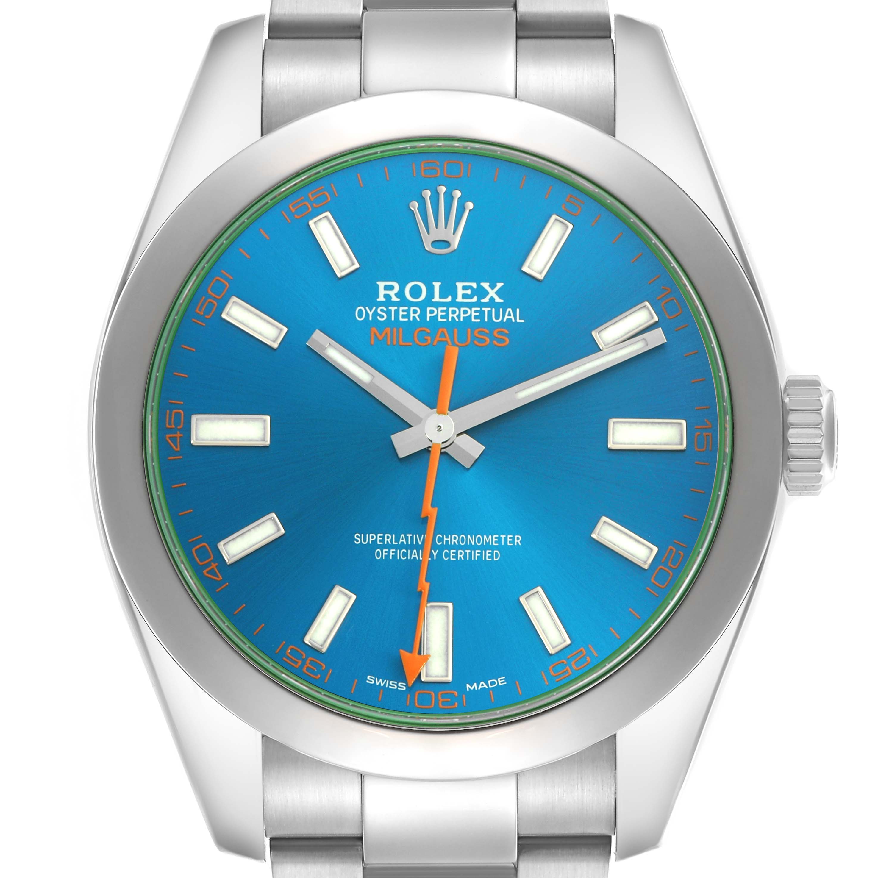The Rolex Milgauss 116400GV Men's Stainless Steel Blue Dial 116400GV Men's Stainless Steel Blue Dial watch is shown from a front angle, displaying the dial, case, and bracelet parts.