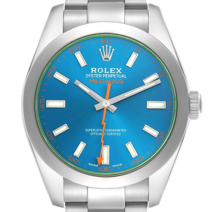 The Rolex Milgauss watch is shown from a front angle, displaying the dial, case, and bracelet parts.