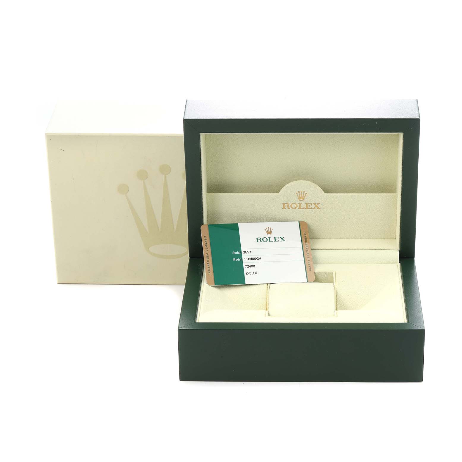 The image shows the box and warranty card for the Rolex Milgauss 116400GV Men's Stainless Steel Blue Dial 116400GV Men's Stainless Steel Blue Dial, featuring an open display at an angle revealing the interior.