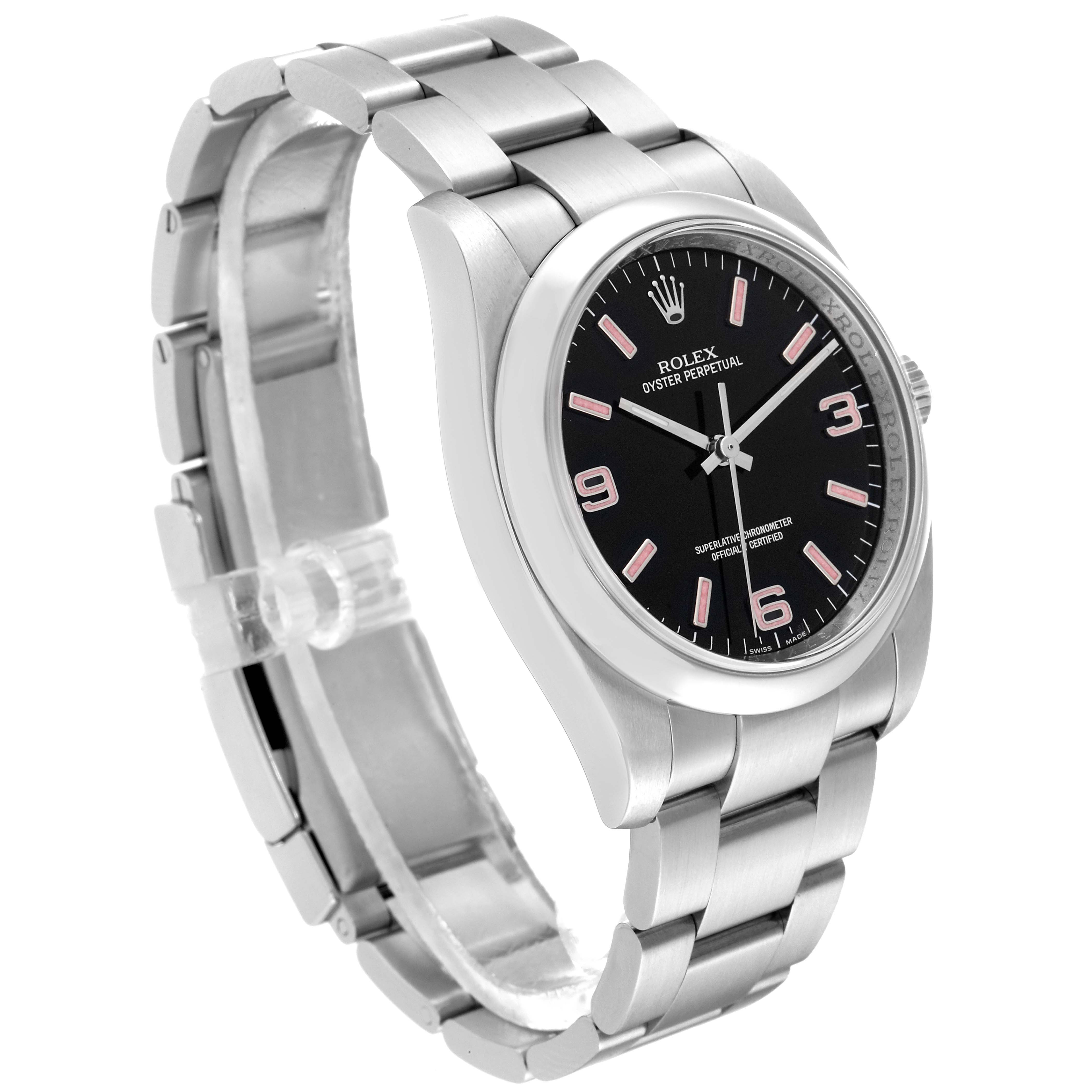 The image shows a side angle of the Rolex Oyster Perpetual 116000 Men
s Stainless Steel Black Dial 116000 Men
s Stainless Steel Black Dial watch, highlighting its black dial, case, and metal bracelet.