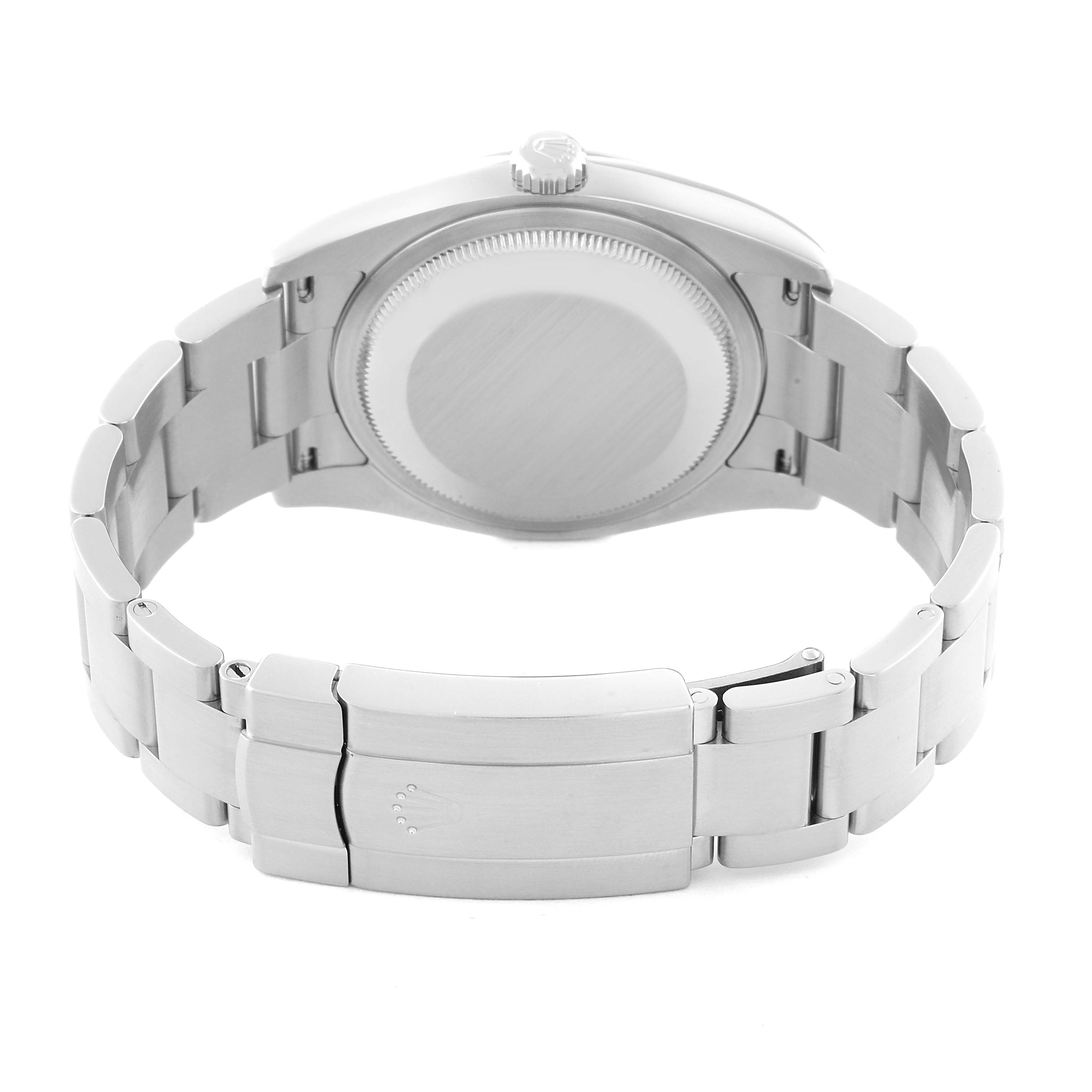 The image shows the back view of the Rolex Oyster Perpetual 116000 Men
s Stainless Steel Black Dial 116000 Men
s Stainless Steel Black Dial watch, highlighting the case back and the clasp of the bracelet.