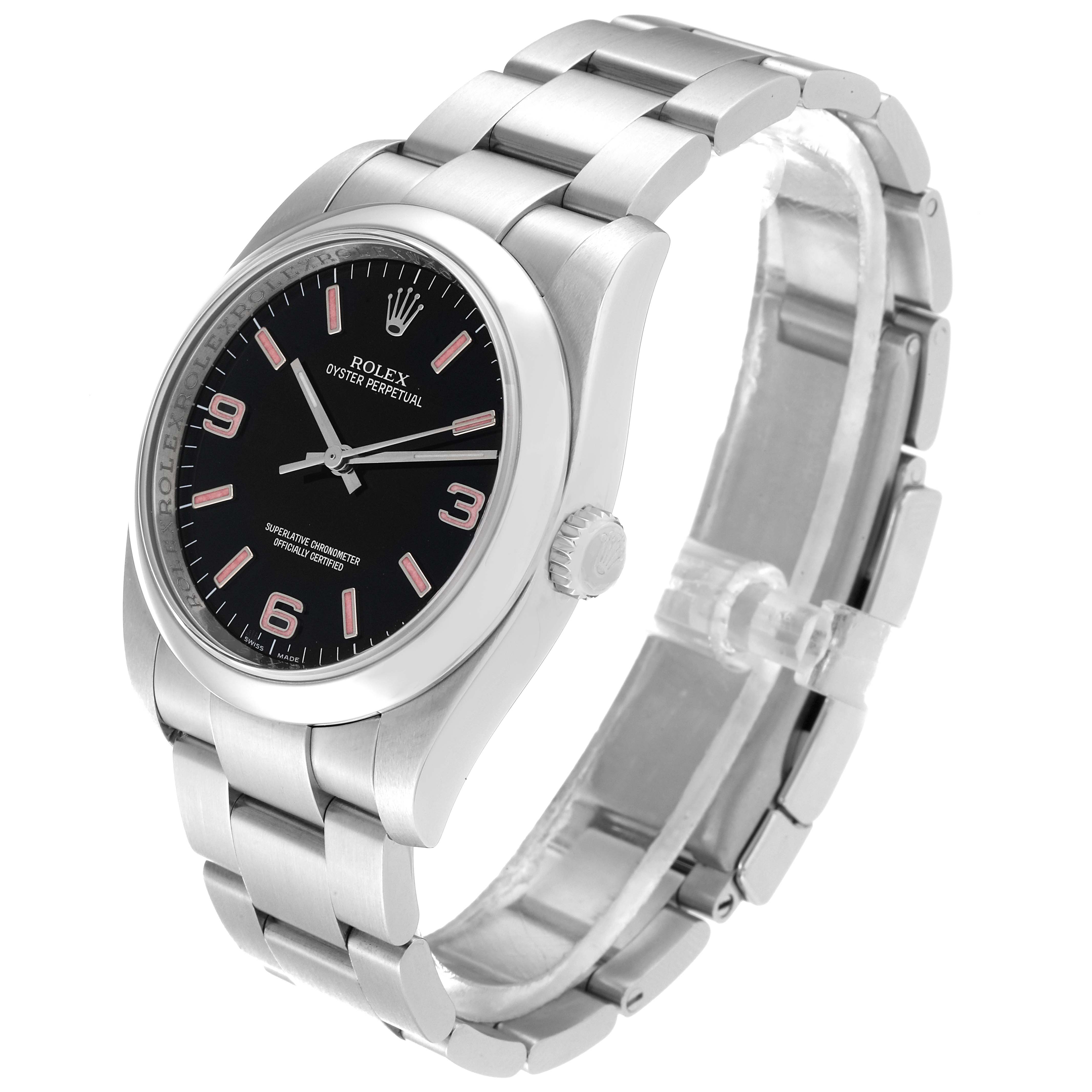 This image shows the Rolex Oyster Perpetual 116000 Men
s Stainless Steel Black Dial 116000 Men
s Stainless Steel Black Dial watch at a three-quarter angle, displaying its black dial, bezel, crown, and metal bracelet.