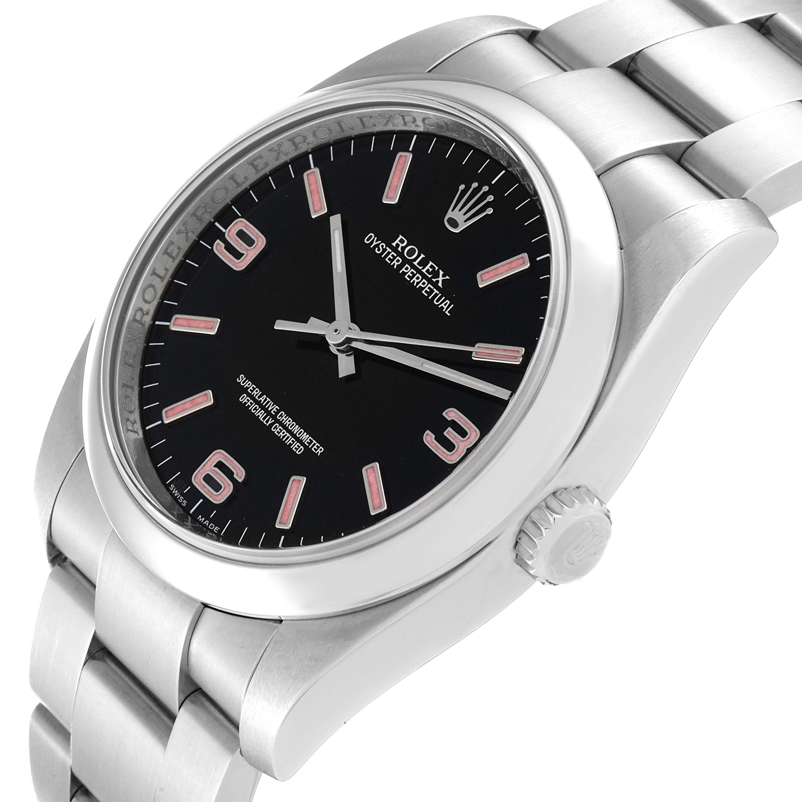 The image shows a close-up, angled view of the Rolex Oyster Perpetual 116000 Men
s Stainless Steel Black Dial 116000 Men
s Stainless Steel Black Dial watch
s face, bezel, crown, and part of the bracelet.