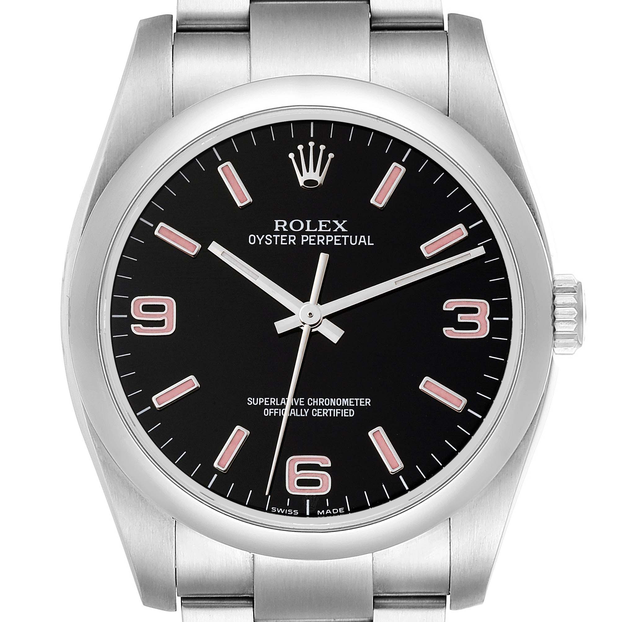 This image shows a front view of the Rolex Oyster Perpetual 116000 Men
s Stainless Steel Black Dial 116000 Men
s Stainless Steel Black Dial watch face and part of its metallic strap.