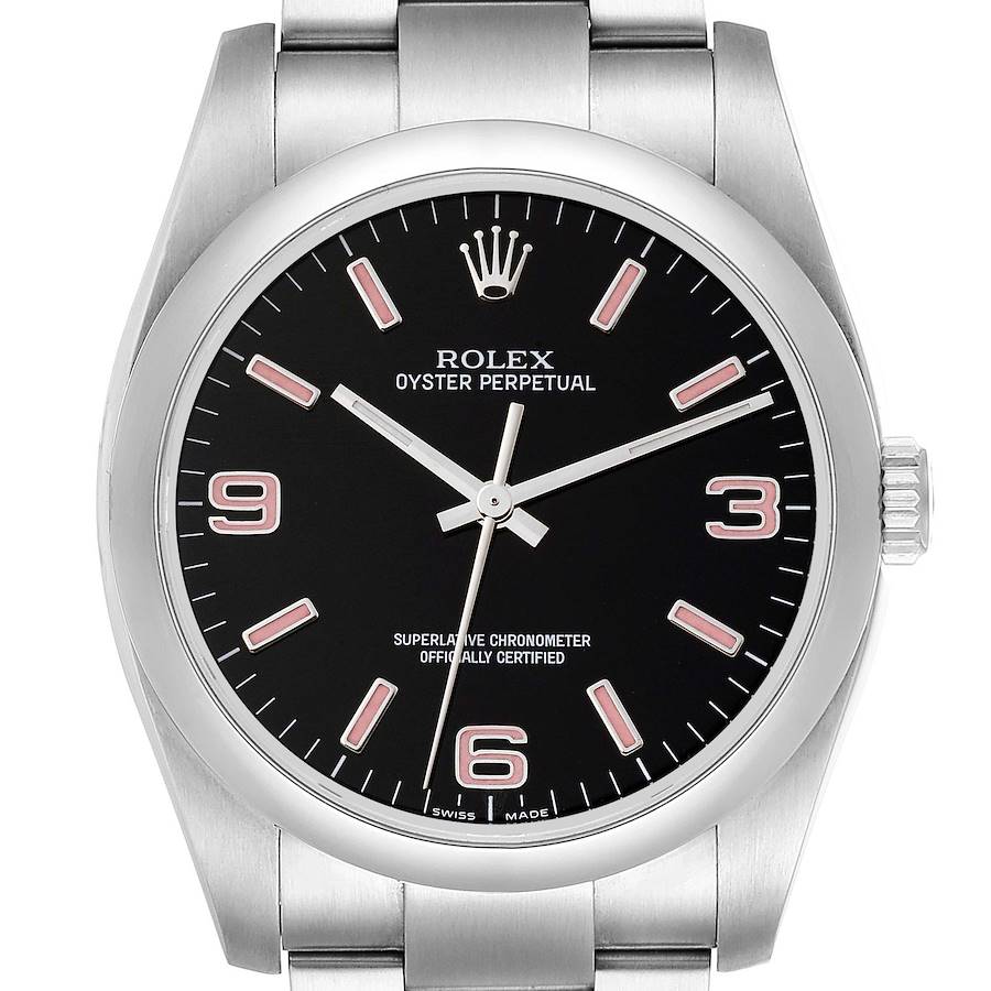 This image shows a front view of the Rolex Oyster Perpetual watch face and part of its metallic strap.