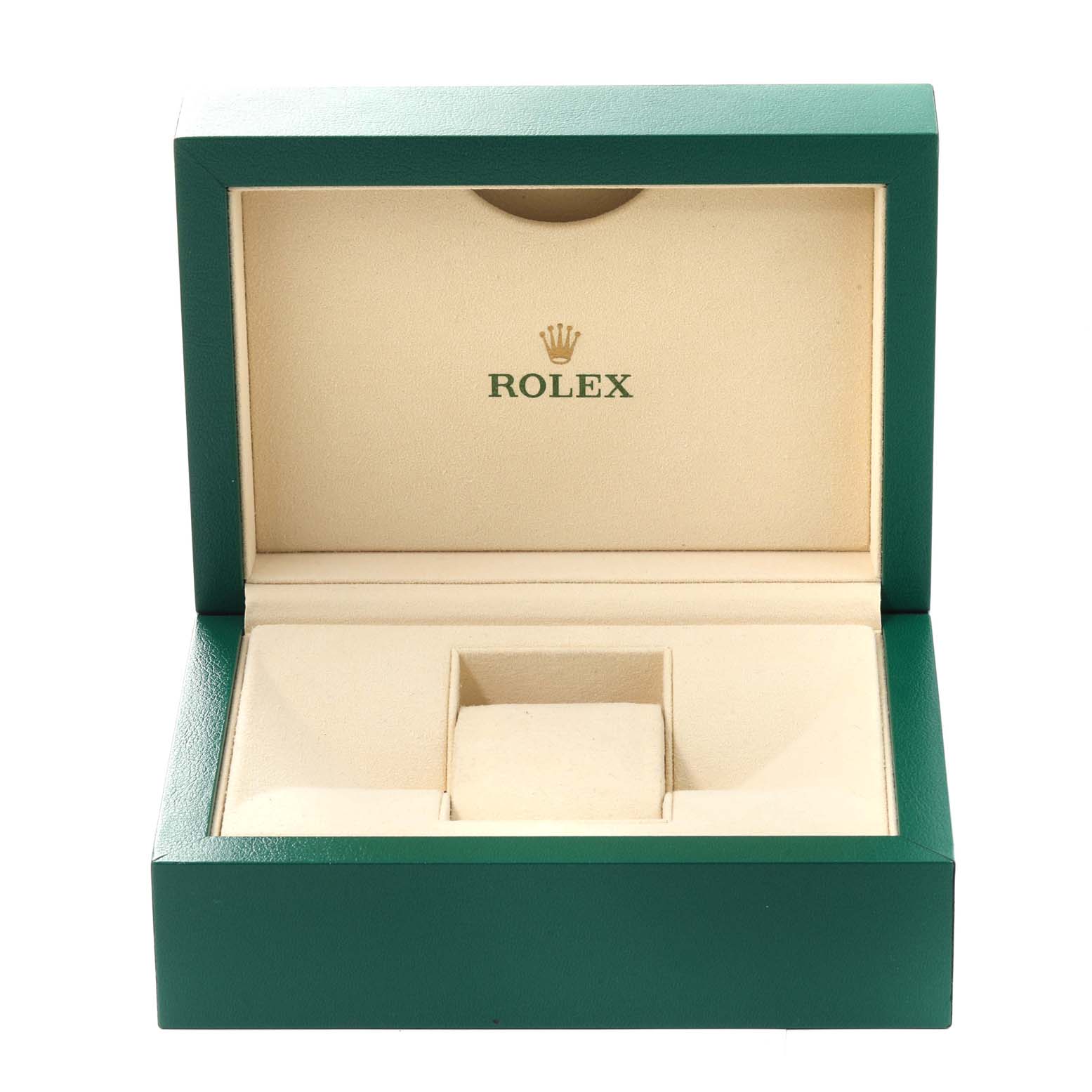 This image shows an open Rolex Oyster Perpetual 116000 Men
s Stainless Steel Black Dial 116000 Men
s Stainless Steel Black Dial watch box, displaying the interior with cushioned compartments.